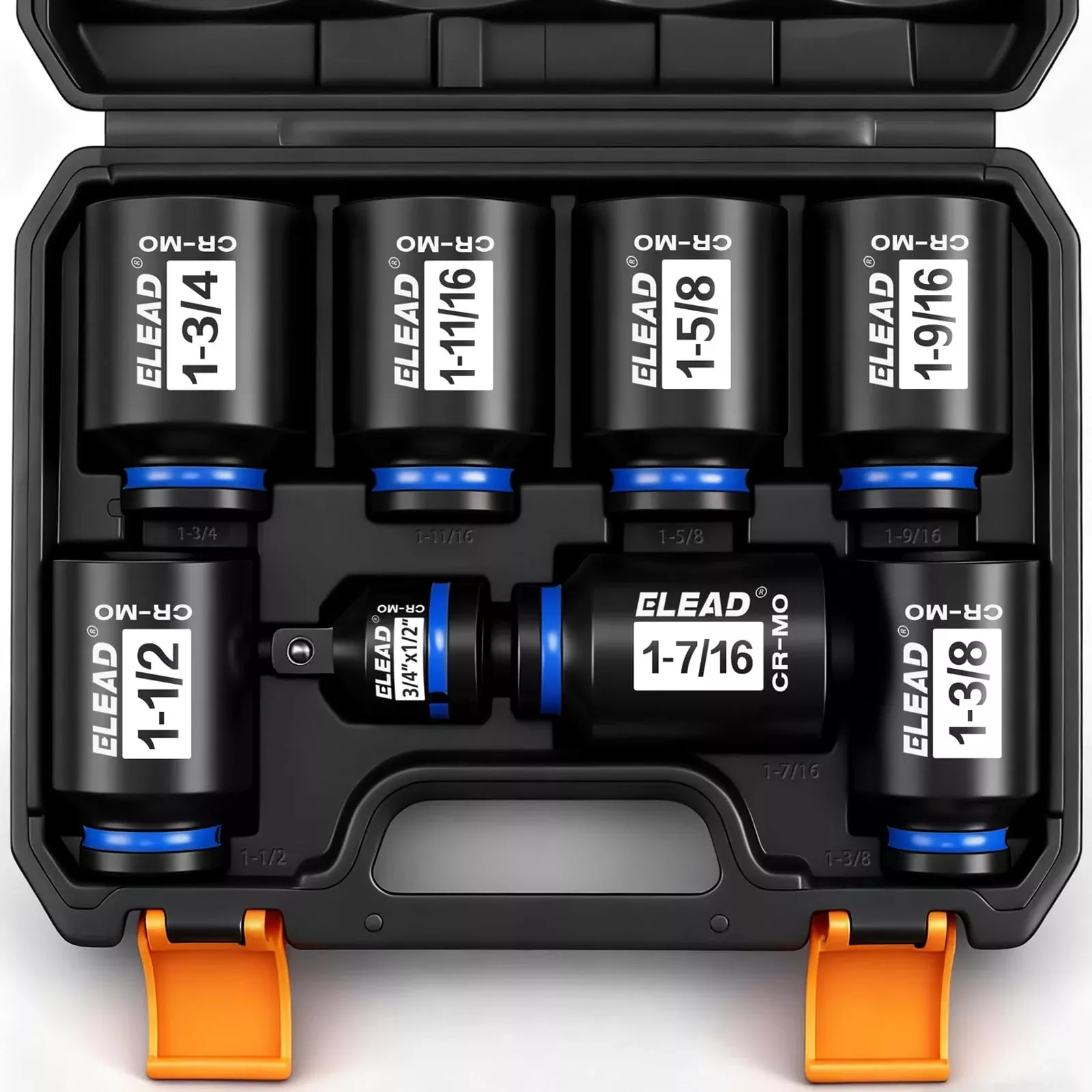 1 /2'' Drive Deep Impact Socket Set, 8-Piece SAE Wheel Axle Nut Wrench Large Sockets Standard Adapter 1-11 /16 1-9 /16 1-3 /8 1-7 /16 1-1 /2 1-5 /8 1-3 /4 Imperial Spindle Joint Torque Bearing Locknut Truck