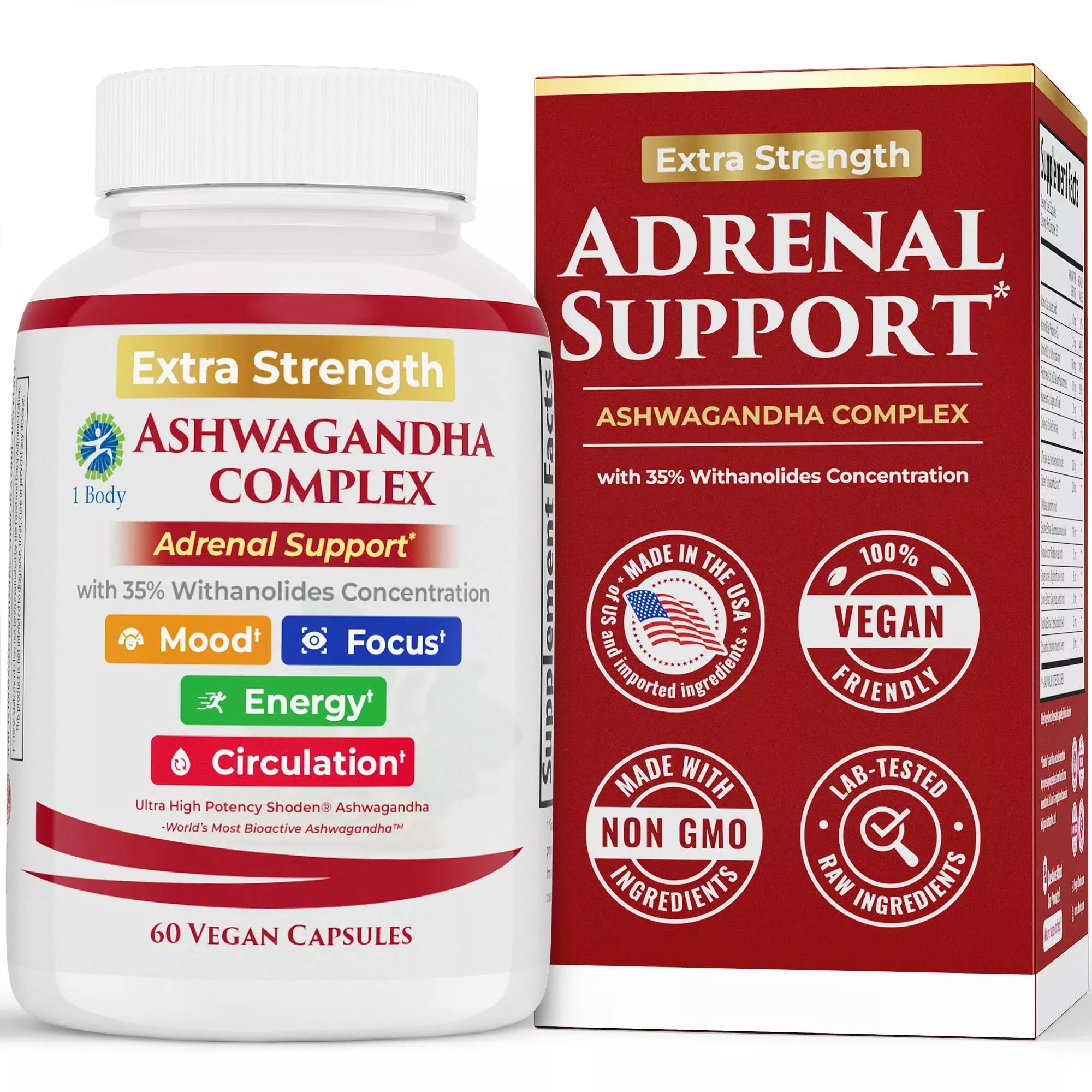 1 Body Adrenal Support Supplement – Ashwagandha Adrenal Complex for Stress, Energy & Mood – Adaptogens with Rhodiola, Eleuthero & B Vitamins – Adrenal Fatigue Support – 60 Vegan Capsules