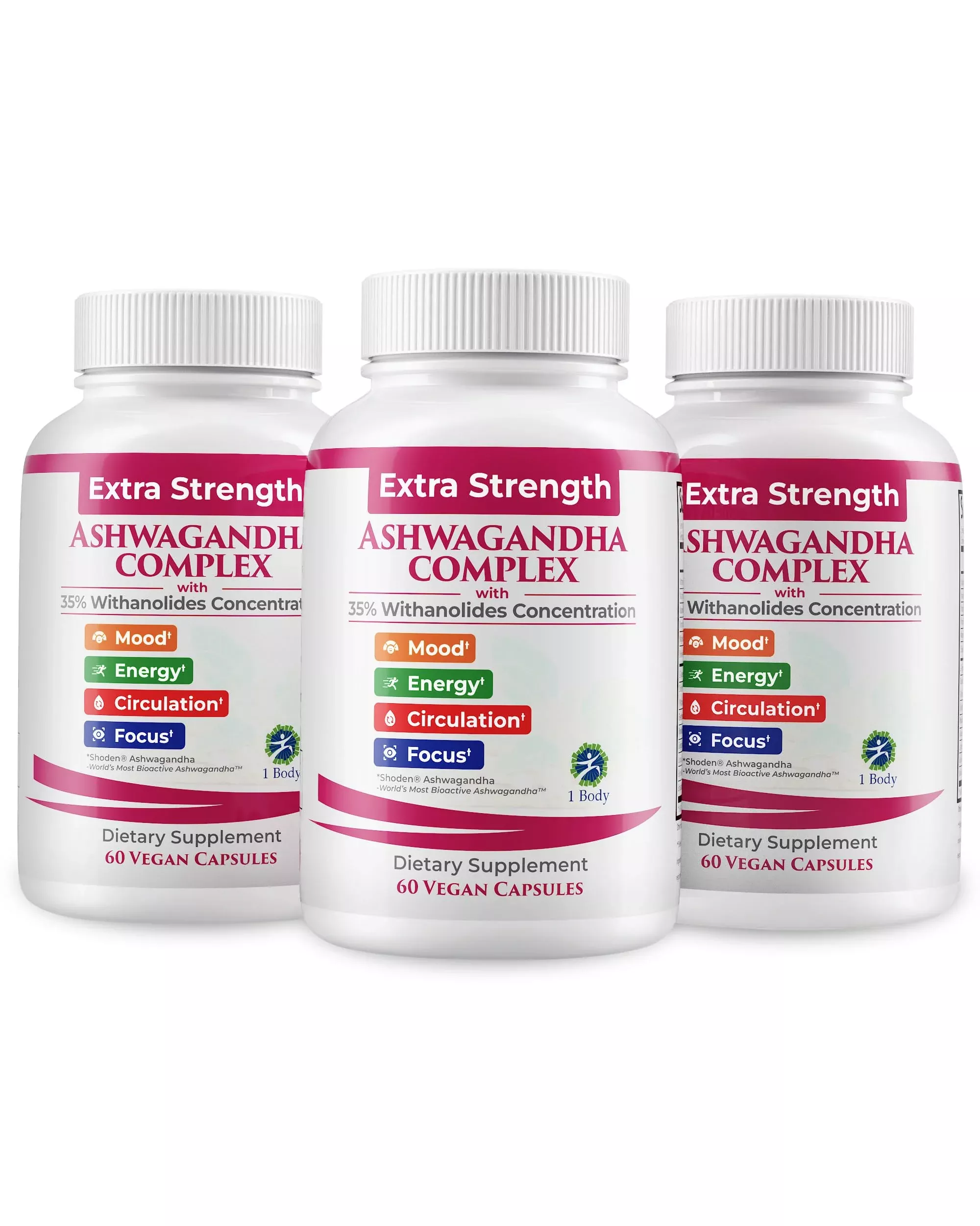 1 Body Ashwagandha Complex Supplement, Focus and Energy Support, 180 Vegan Capsules