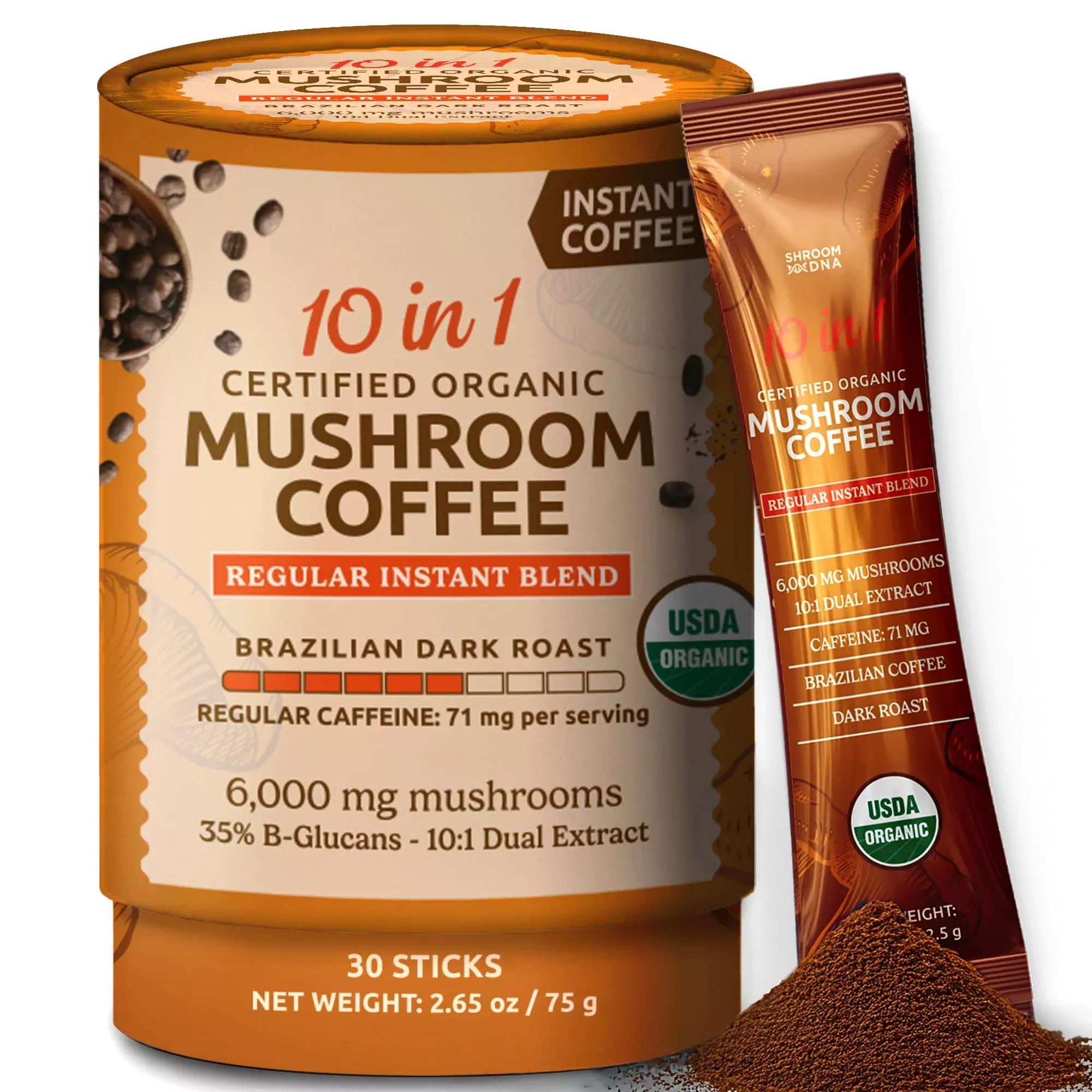 10-in-1 USDA Certified Organic Mushroom Coffee Instant, Instant Mushroom Coffee Brazilian Dark Roast for Better Energy, Focus, Gut Health, 60 Servings Regular Caffeine - ShroomDNA