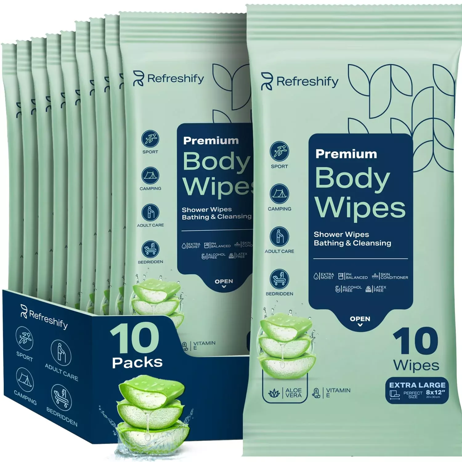 100 Large Shower Wipes – Body Wipes for Adults Bathing No Rinse – 10 Packs of 10 – Extra Moist Bath with Aloe & Vitamin E for Camping, Travel, Gym & Bedridden Care