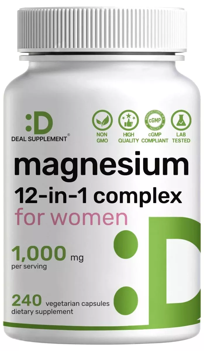 12‑in‑1 Magnesium Complex for Women 1,000 mg, 240 Vegetarian Capsules | Magnesium Glycinate, Citrate, Malate, Taurate, Orotate, Oxide & More | Chelated & Purified for Better Absorption