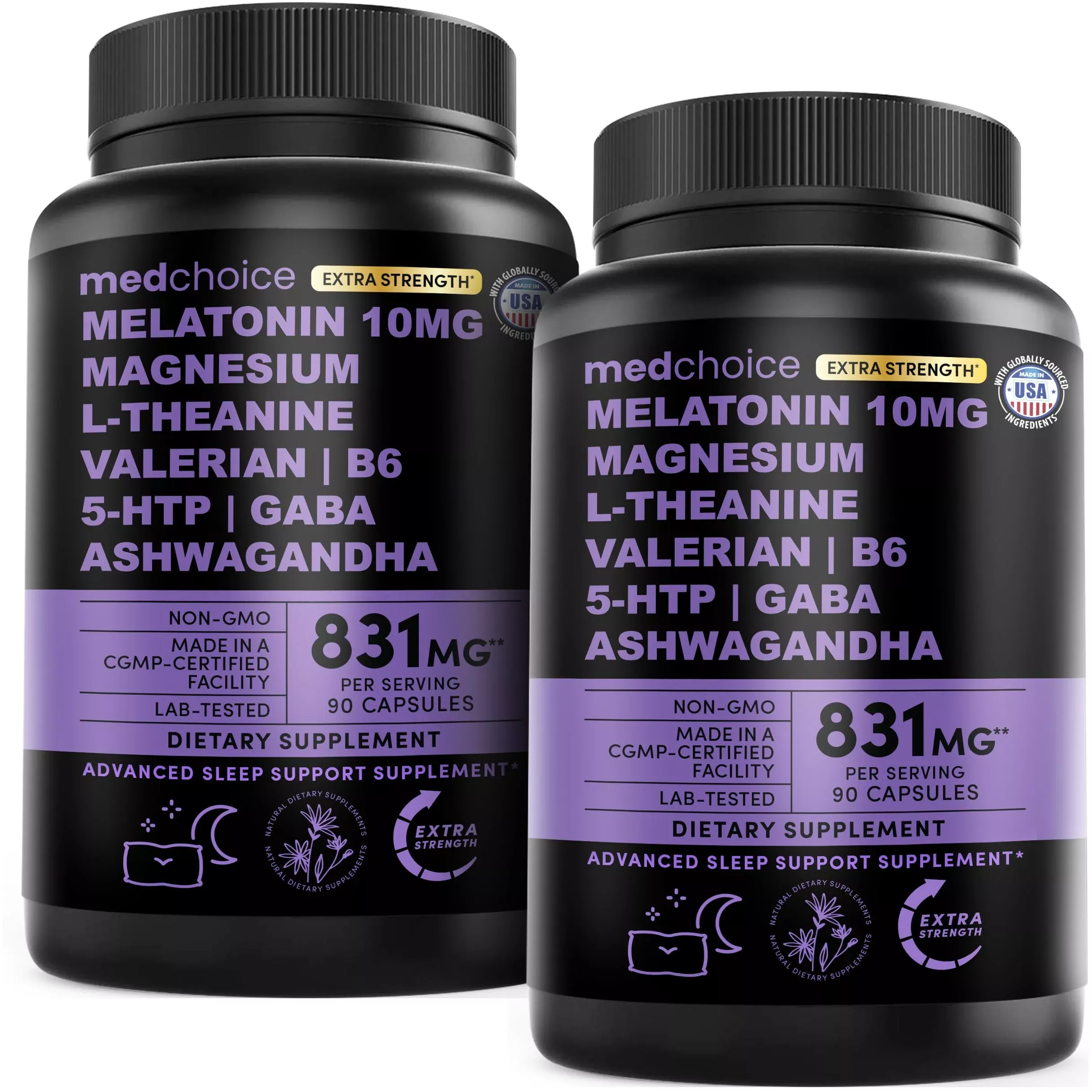 12-in-1 Melatonin Sleep Capsules - 10mg Melatonin Extra Strength with Magnesium and Balanced Blend of Ashwagandha, GABA, Chamomile Extract, L-Theanine & Valerian Root 10:1 Extract (90ct, Pack of 2)