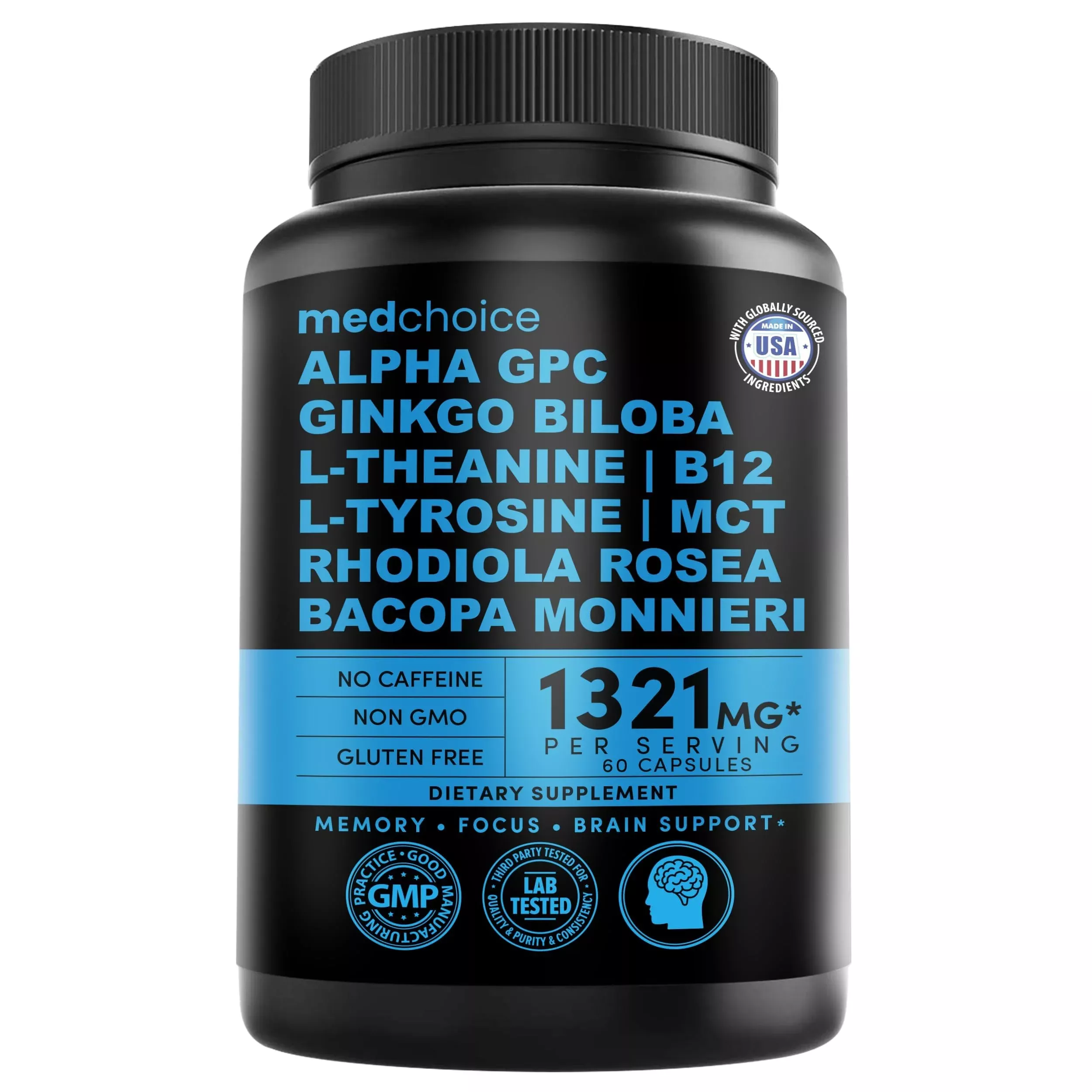 12-in-1 Nootropic Brain Supplement Anhydrous: Ginkgo Biloba for Brain Support, Memory and Focus - B12, Alpha GPC, L Theanine and Choline Supplements with Bioperine Non Caffeinated 1321mg (240ct)