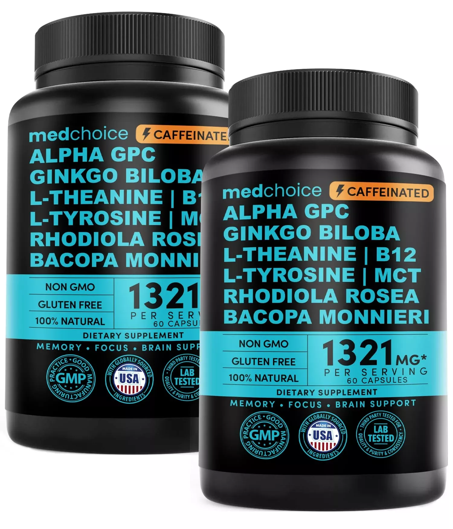 12-in-1 Nootropic Brain Supplement with Caffeine Anhydrous: Ginkgo Biloba for Brain Support, Memory and Focus - B12, Alpha GPC, L Theanine and Choline Supplements with Bioperine with 1321mg (60ct)