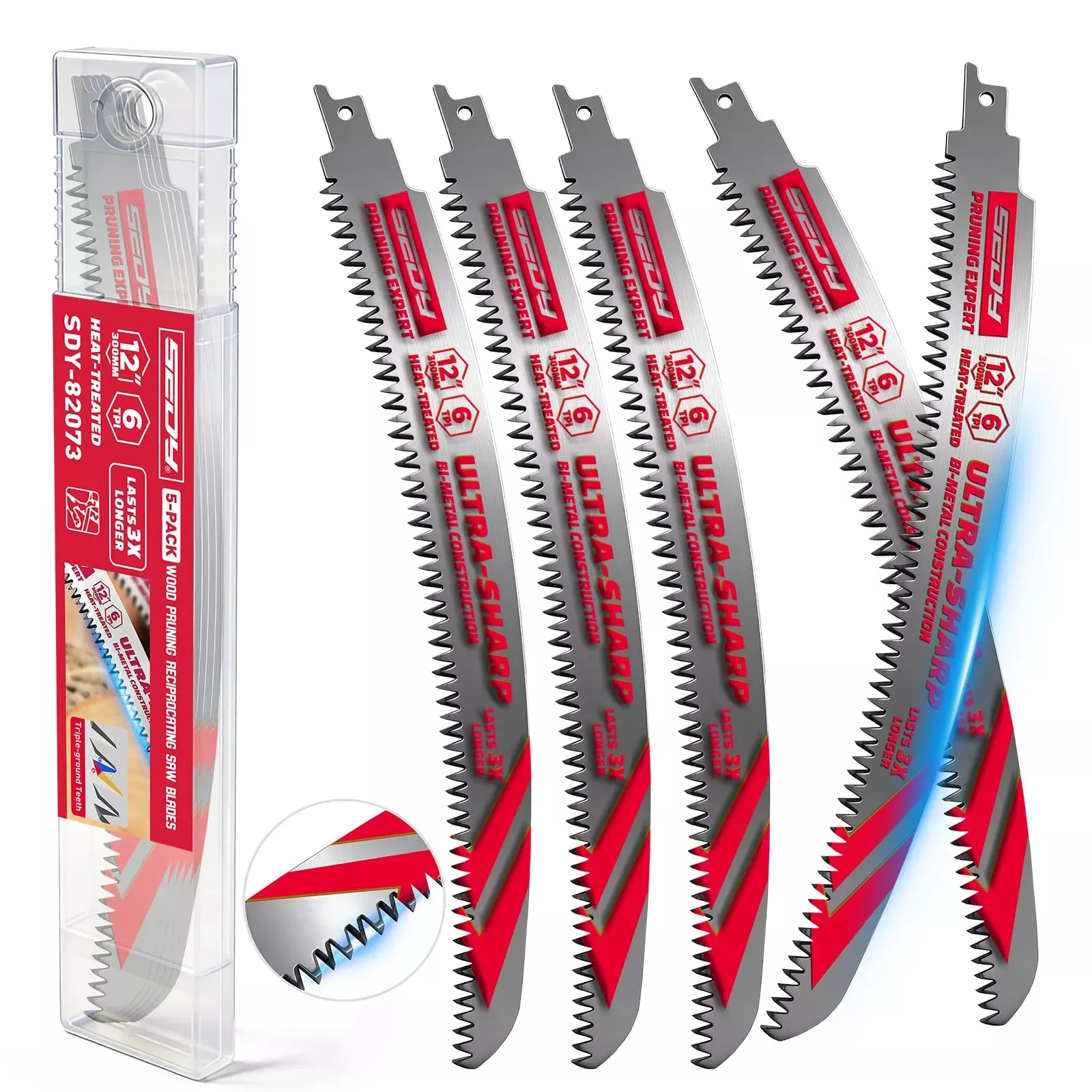 12 Inch Japanese Teeth Reciprocating Saw Blades, 6TPI Arc Edge Wood Pruning Saw Blades Set with Storage Box for Tree Trimming, Wood Cutting, 5 Pack