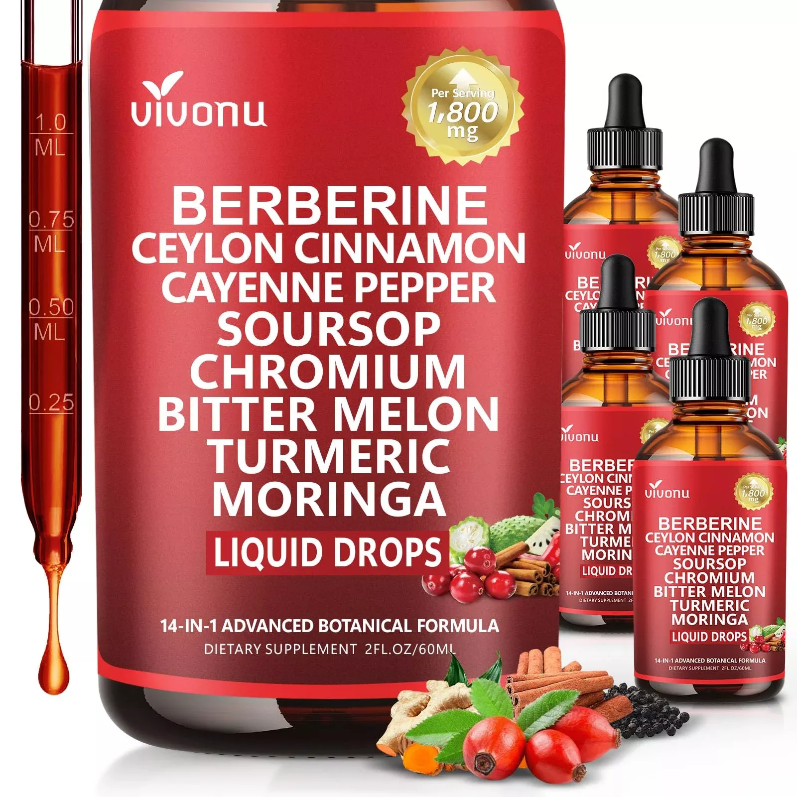 14-in-1 Berberine with Ceylon Cinnamon Supplement Liquid Drops, 1800mg + 30:1 Liposomal Tech with Cayenne Pepper Soursop Chromium Bitter Melon Turmeric Moringa Gymnema Glucomannan, GLP Support 2Bottle