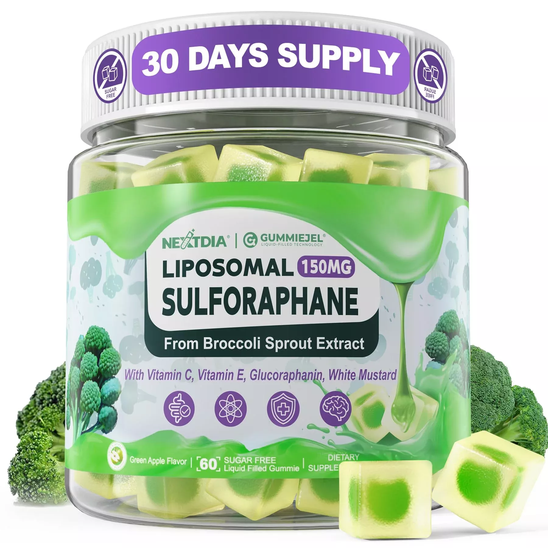 150mg Liposomal Sulforaphane Supplement from Broccoli Sprouts Extract - Sulforaphane with Myrosinase, Vitamin C, E | Broccoli Sprout Supplement for Antioxidant, Detox & Cellular Health | 60 Counts