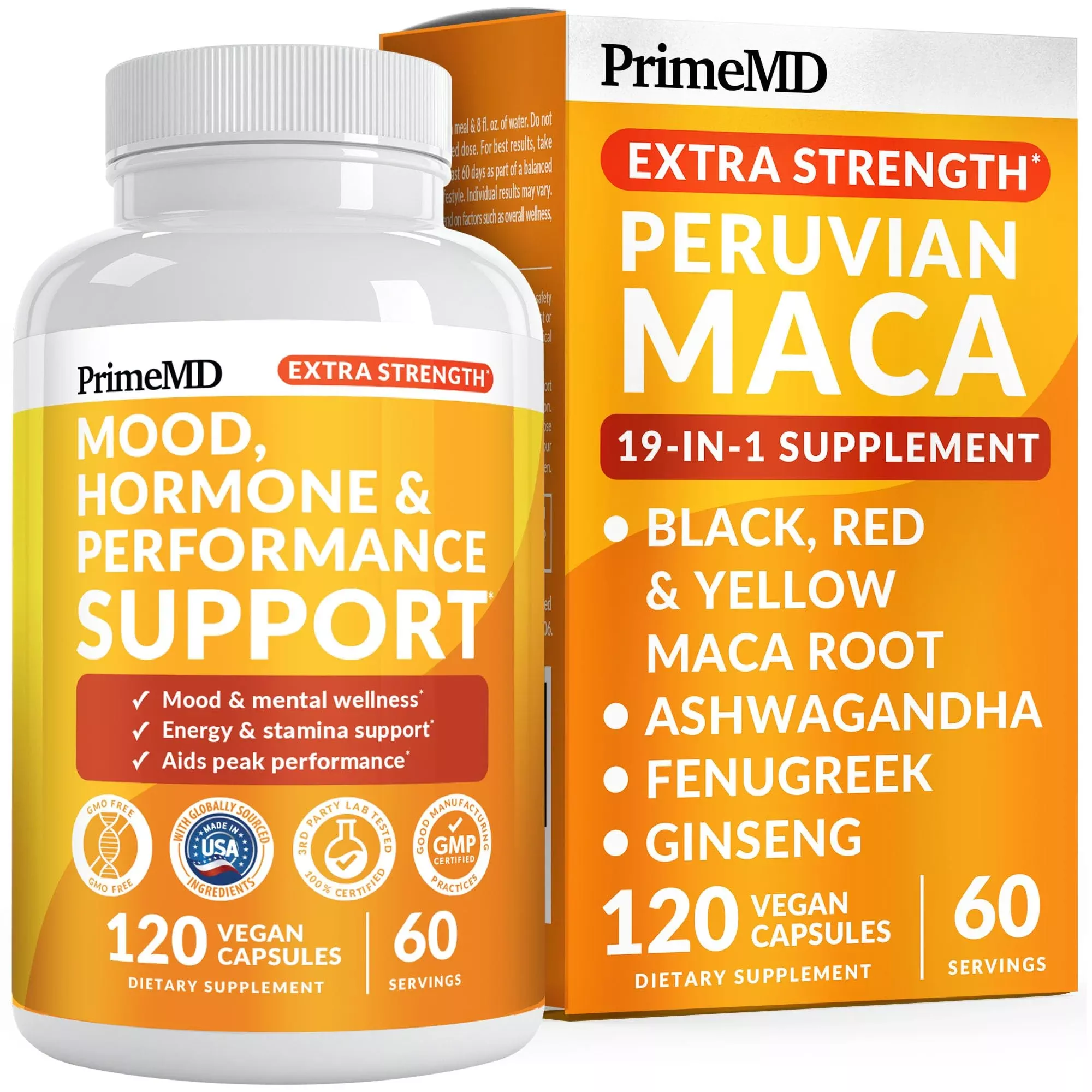 19-in-1 Extra Strength Peruvian Maca Root Capsules - 9125 mg Ashwagandha Supplements with Fenugreek and Ginseng for Mood, Hormone and Performance Support (120 ct)