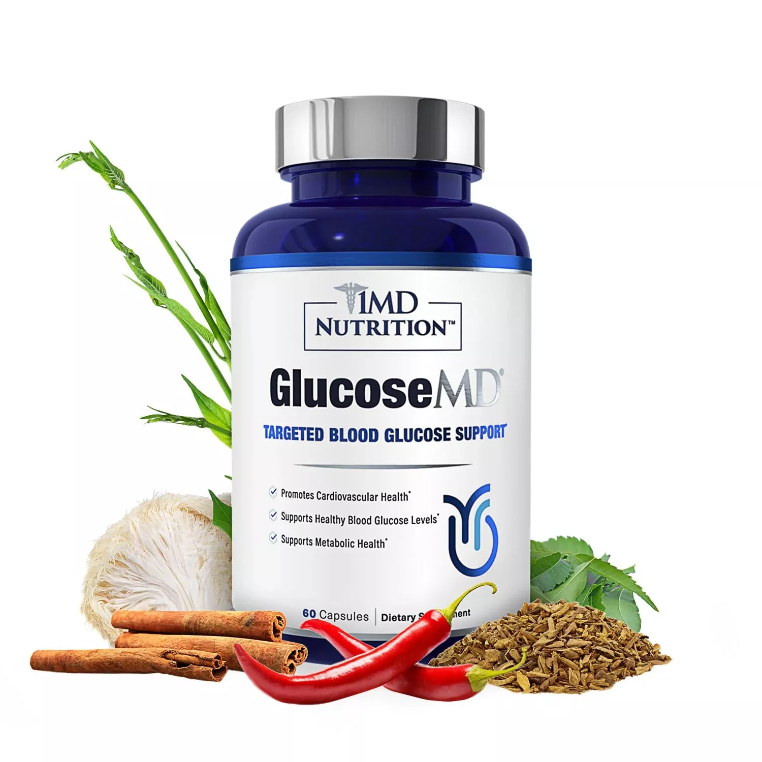 1MD Nutrition - Cinnamon bark 10:1 Water Extract, Chromium, Neem Leaf, Berberine, Cayenne Pepper 5:1 Extract, Lion's Mane, Gymnema Leaf and Stem - 60 Capsules