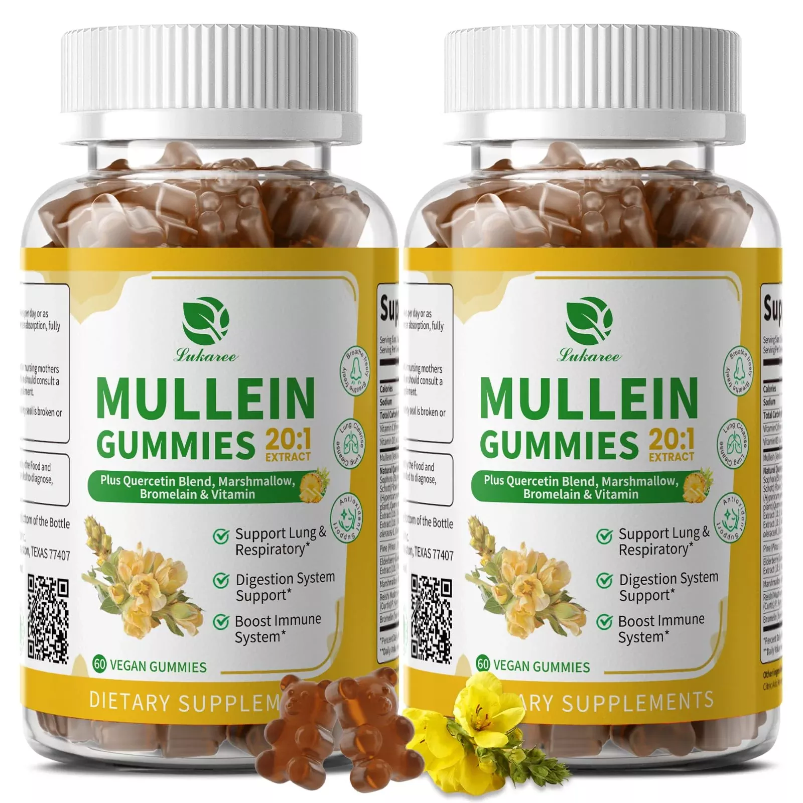 (2 Pack) 9 in 1 Mullein Gummies for Lung Cleanse & Lymphatic Drainage*, Extra Strength Mullein Leaf Extract w /Quercetin, Bromelain, Elderberry & Marshmallow for Respiratory & Immunity,Vegan,120 Count