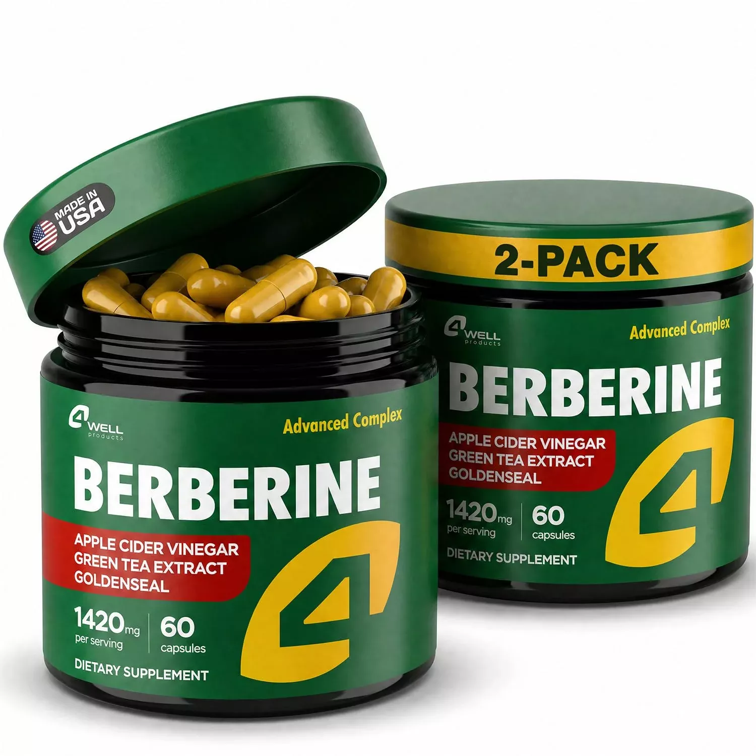 2-Pack Berberine Supplement - Triple Strength GLP-1 Activator w /Goldenseal, Apple Cider Vinegar, Green Tea Extract - Goldenseal Supplements, Digestive Health, Support Heart, Immune System, 120 Caps