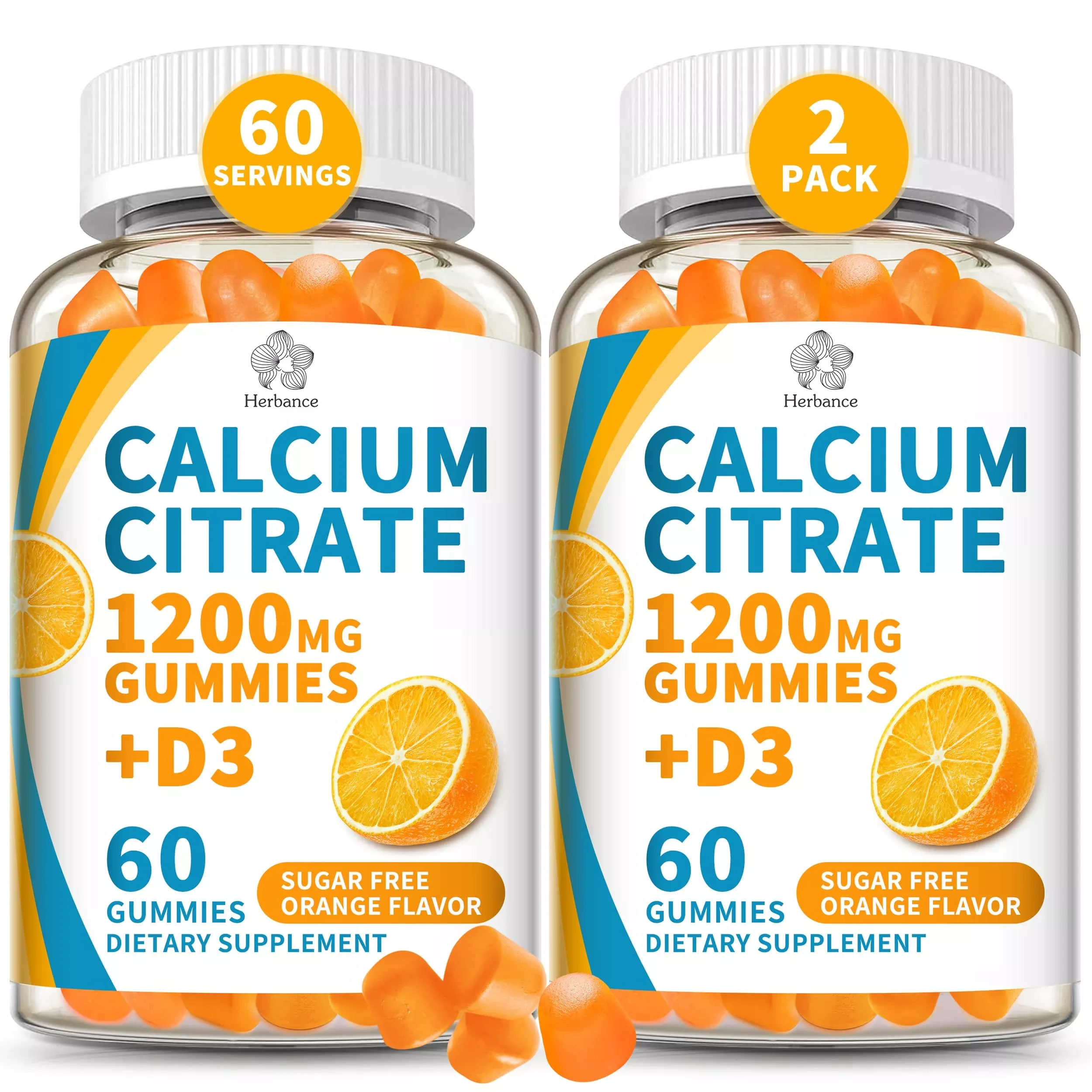 (2 Pack) Calcium Citrate 1200 mg Gummies with Vitamin D3, High Absorption Calcium Supplements for Women & Men, Sugar Free, Non-GMO, Gluten Free, Supports Muscle & Immune - Orange Flavor