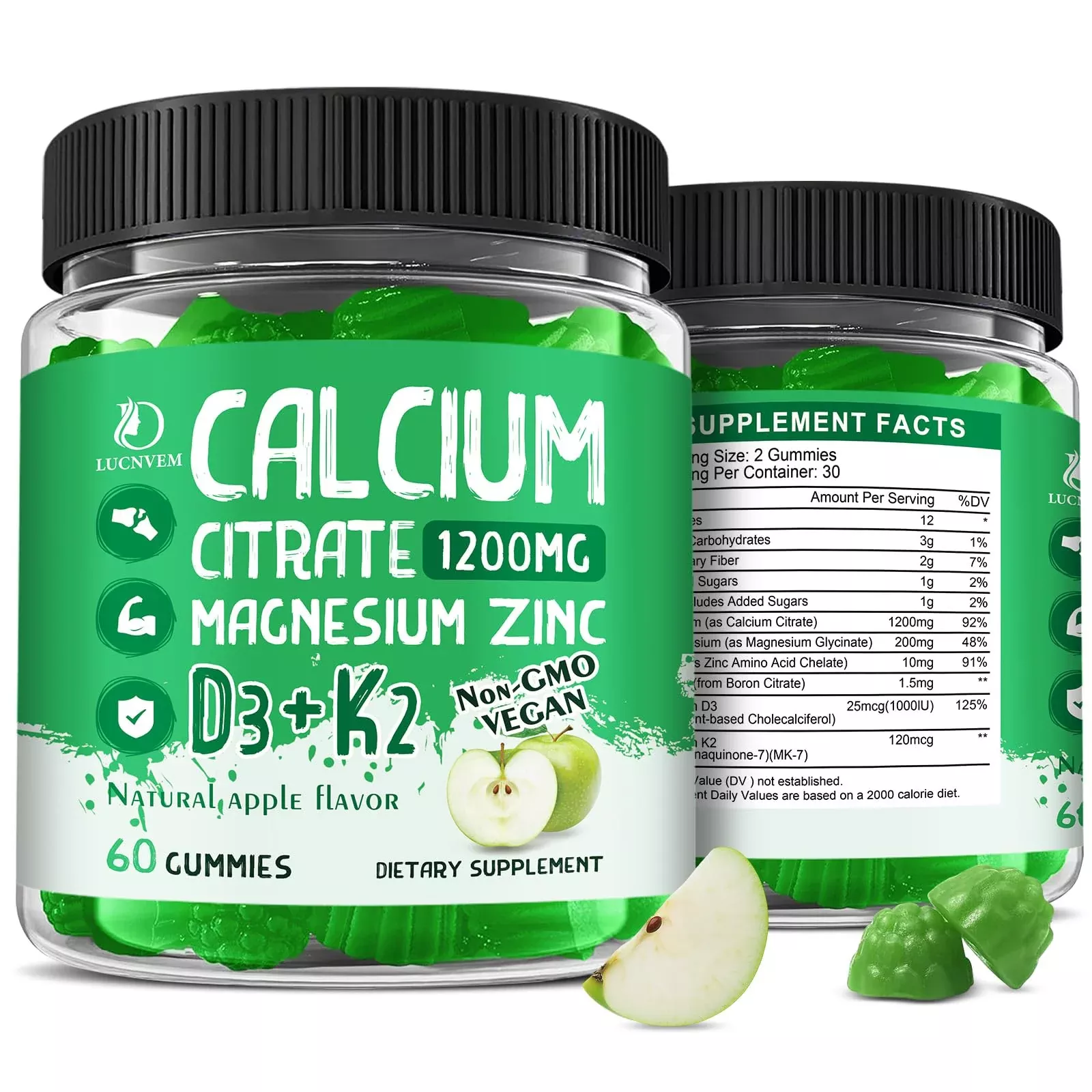 (2 Pack) Calcium Citrate 1200 mg with Vitamin D3 Gummies for Women & Men, Calcium Magnesium Zinc with Vitamin D3 K2 Supplement for Bone & Teeth Support, Natural Apple Flavor - 60 Day Vegan Supply