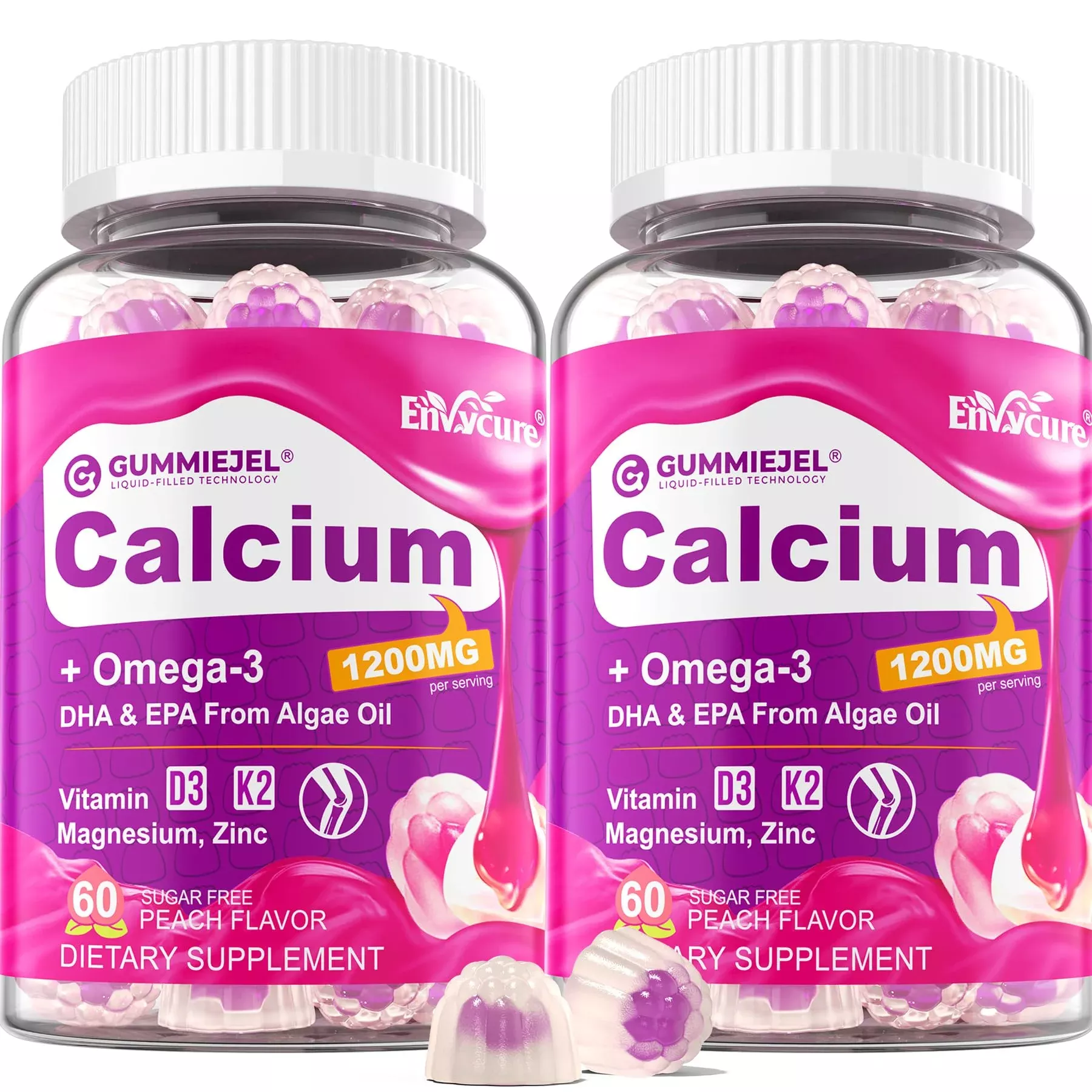 2 Pack - Calcium Citrate 1200mg Gummies, Vitamin D3 K2, Omega-3, Magnesium, Zinc, Boron, Manganese, Copper, 600mg Calcium Supplements for Women & Men Bone Strength, Immune Support - Vegan, Sugar Free