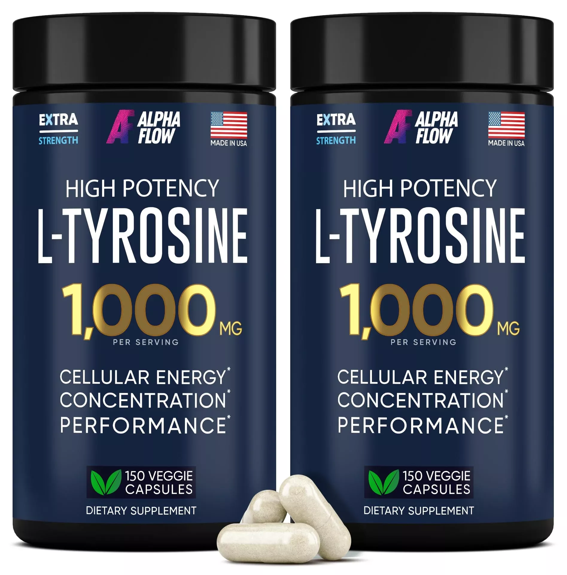 [2 Pack] L-Tyrosine 1000MG Capsules - Natural L Tyrosine Supplement for Kids & Adults - Energy Boost and Brain Supplement - 2x the potency of L-Tyrosine 500mg capsules - 300 Vegan LTyrosine Capsule