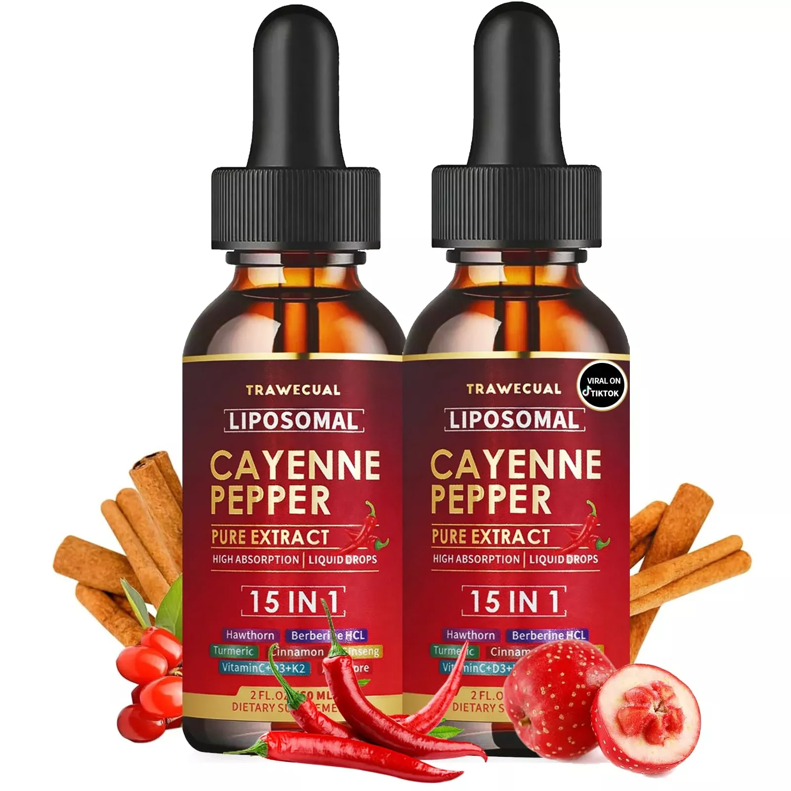 2 Pack Liposomal Cayenne Pepper Drops | 120ml Total, with 15 Natural Ingredients, Vitamin D3, K2, Hawthorn, Berberine, Beet Root, Turmeric – Supports Digestion & Circulatory Health – 4 Fl Oz/2 Months