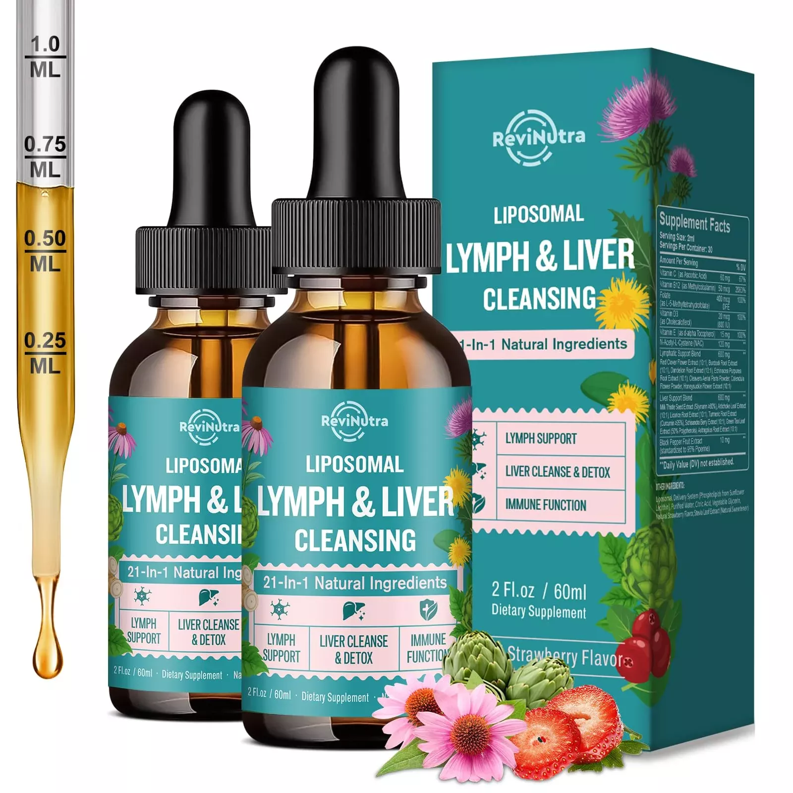 2 Pack Liposomal Lymphatic Drainage Drops, Liver Cleanse Detox & Repair Liquid Supplement with Milk Thistle, Dandelion, Burdock Root - Lymph & Liver Detox, Antioxidant, Natural Flavor 4 Fl Oz