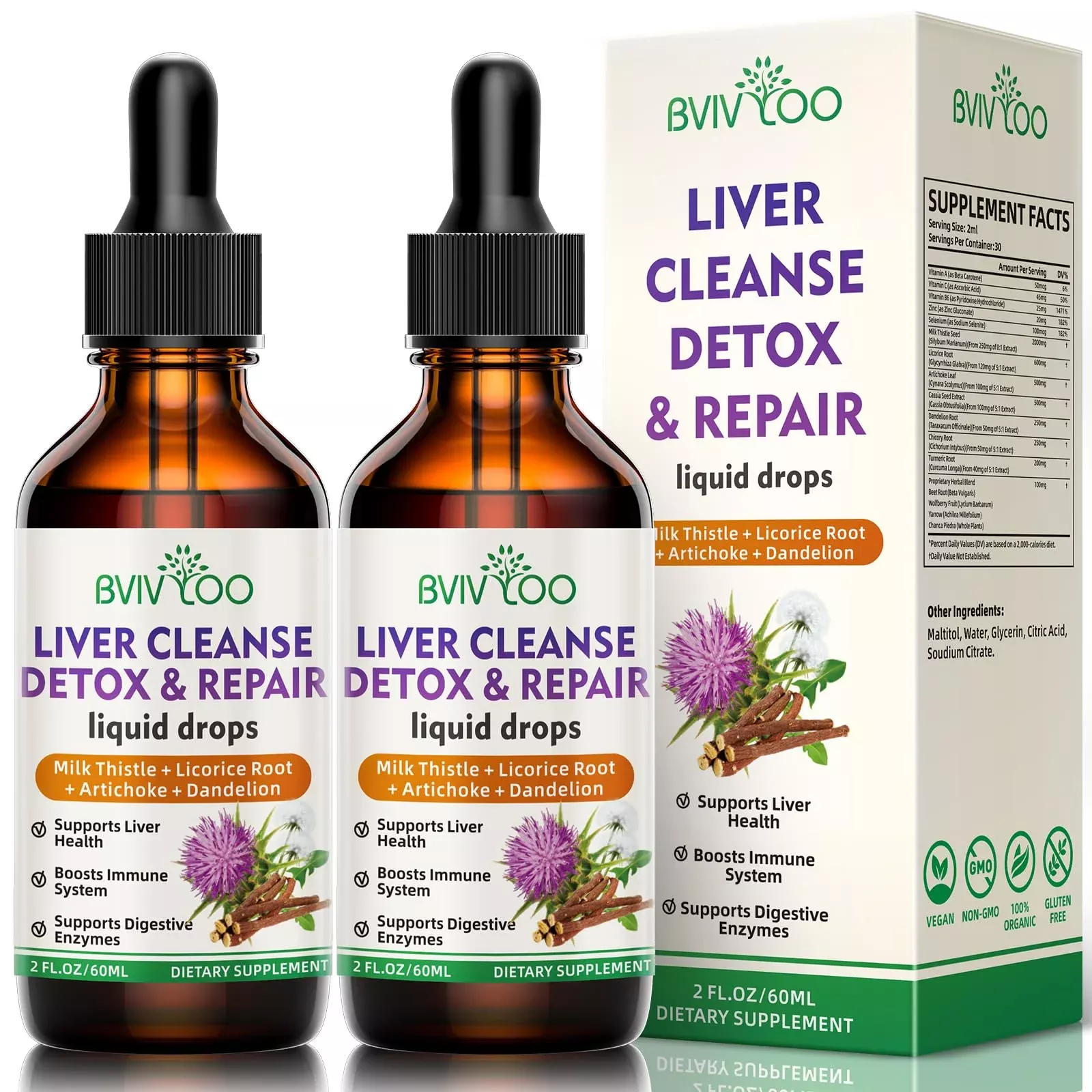 2 Pack Liver Health Liquid Drops - 2000mg Milk Thistle, Dandelion Root, Artichoke, Silymarin Extract, & Turmeric Herbs - Vegan, Non-GMO - 4 Fl Oz (120ml)