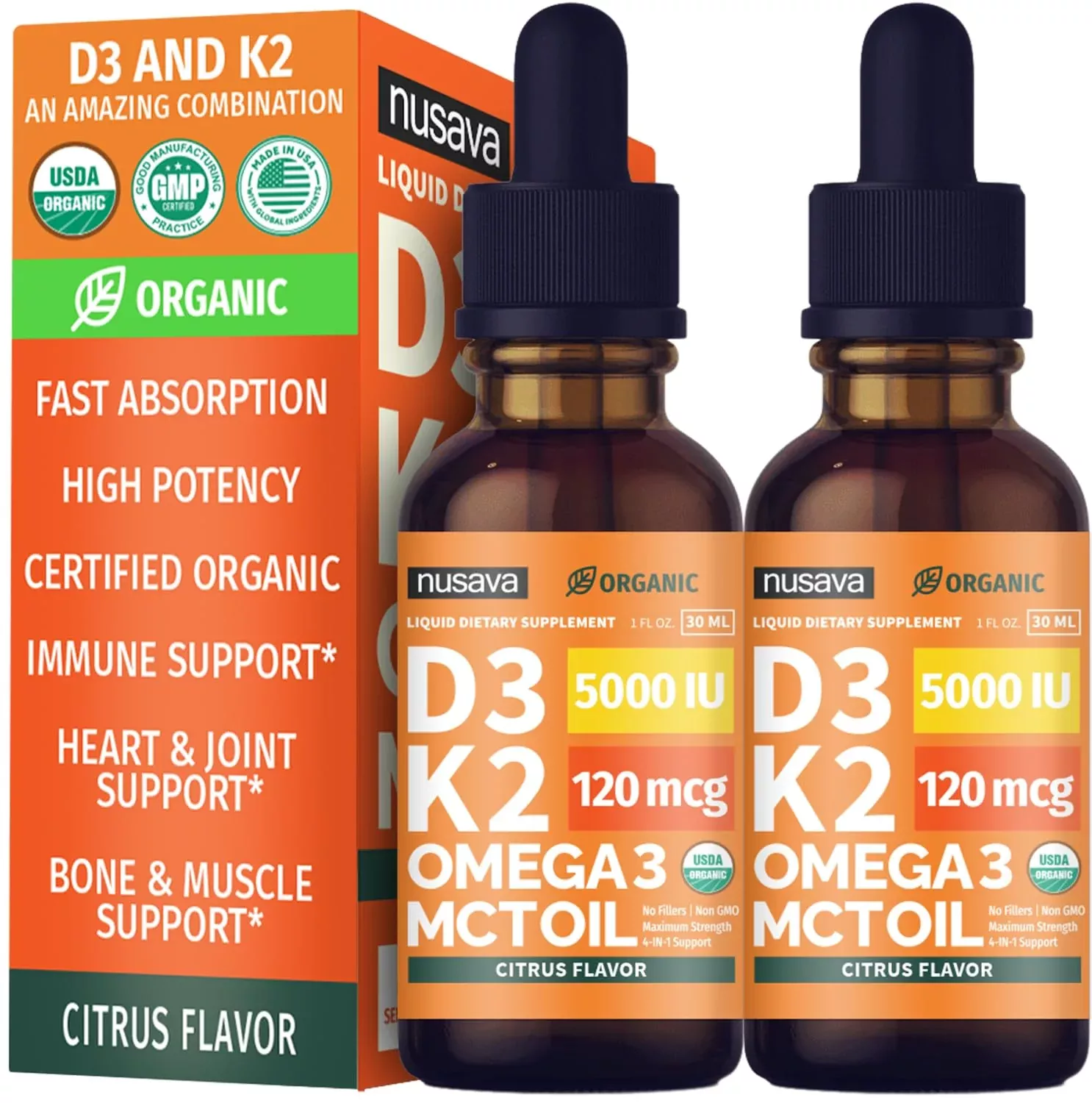 (2 Pack) Organic Vitamin D3 K2 Drops with MCT Oil & Omega 3 - Liquid Vitamin D3 5000 IU - K2 D3 Vitamin Supplement - Vitamin D Drops for Women & Men - No Fillers, Non-GMO, GMP, Vanilla (2 Fl Oz)