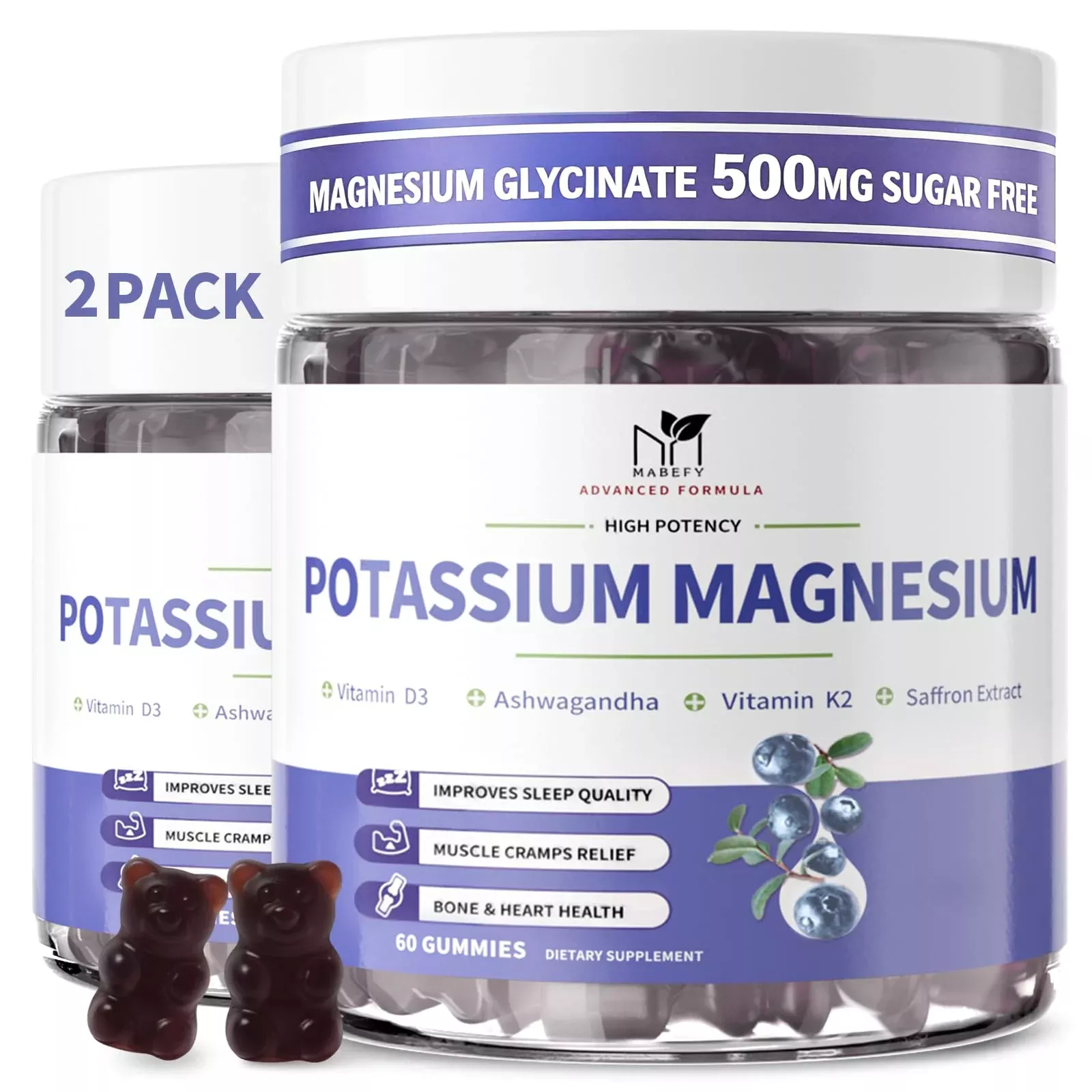 2 Pack Potassium Magnesium Gummies, Sugar-Free Potassium Gummies with Magnesium Glycinate 500mg Chewable Potassium Magnesium Supplements with Calcium, Zinc & Vitamins to Support Leg Muscle Relaxation