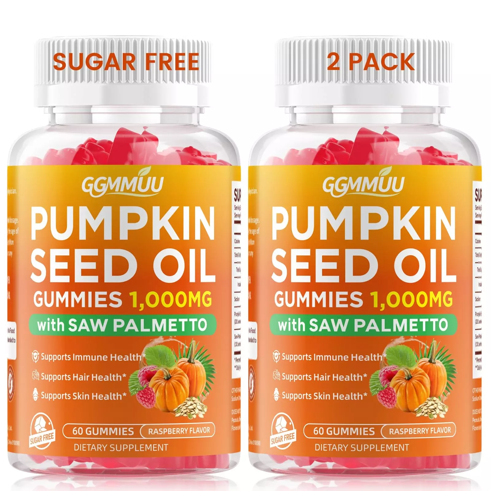 2 Pack Pumpkin Seed Oil Gummies with Saw Palmetto, 1000mg Per Serving Pumpkin Seed Oil Supplement for Hair Growth, Skin Health, High Pure Extract for Women & Men, Raspberry Flavor, 120 Count