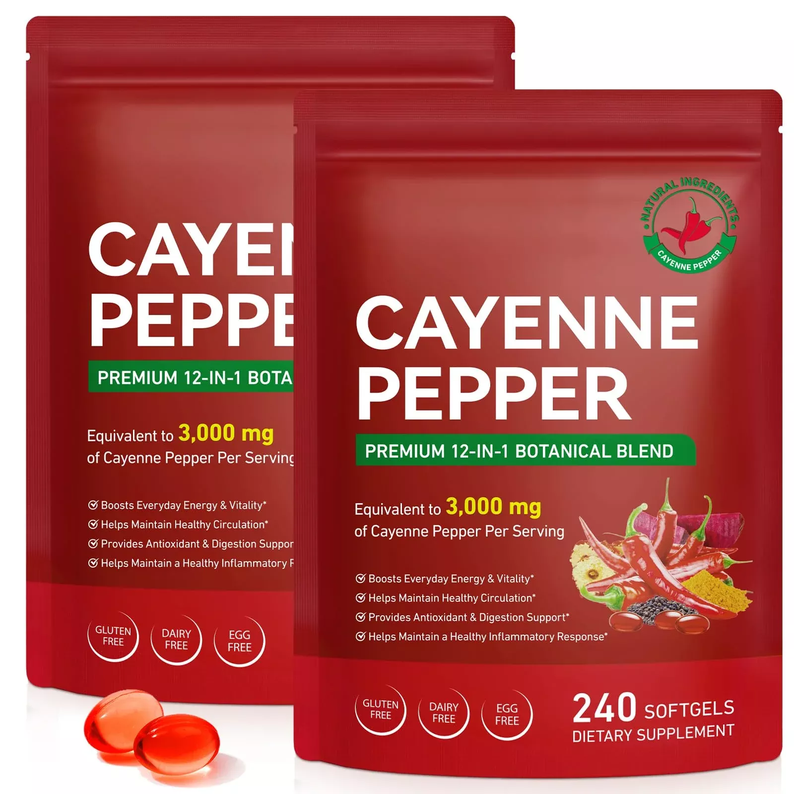 2 PCS Cayenne Pepper Softgels Supplement | 12-in-1 Serving with Vitamins D3, K2 & E | Supports Healthy Circulation & Daily Energy | Features Hawthorn, Beetroot & Turmeric | 240 Capsules