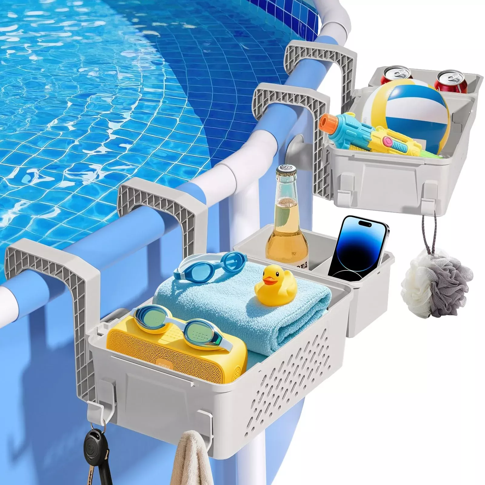 【2026 Upgrade】2-Pack Poolside Storage Basket with Cup Holder, Above Ground Pool Accessories, 3-in-1 Swimming Pool Hanging Storage Baskets to Organize Cups & Towels, Fits 3 Inch or Less Top Rail(Grey)