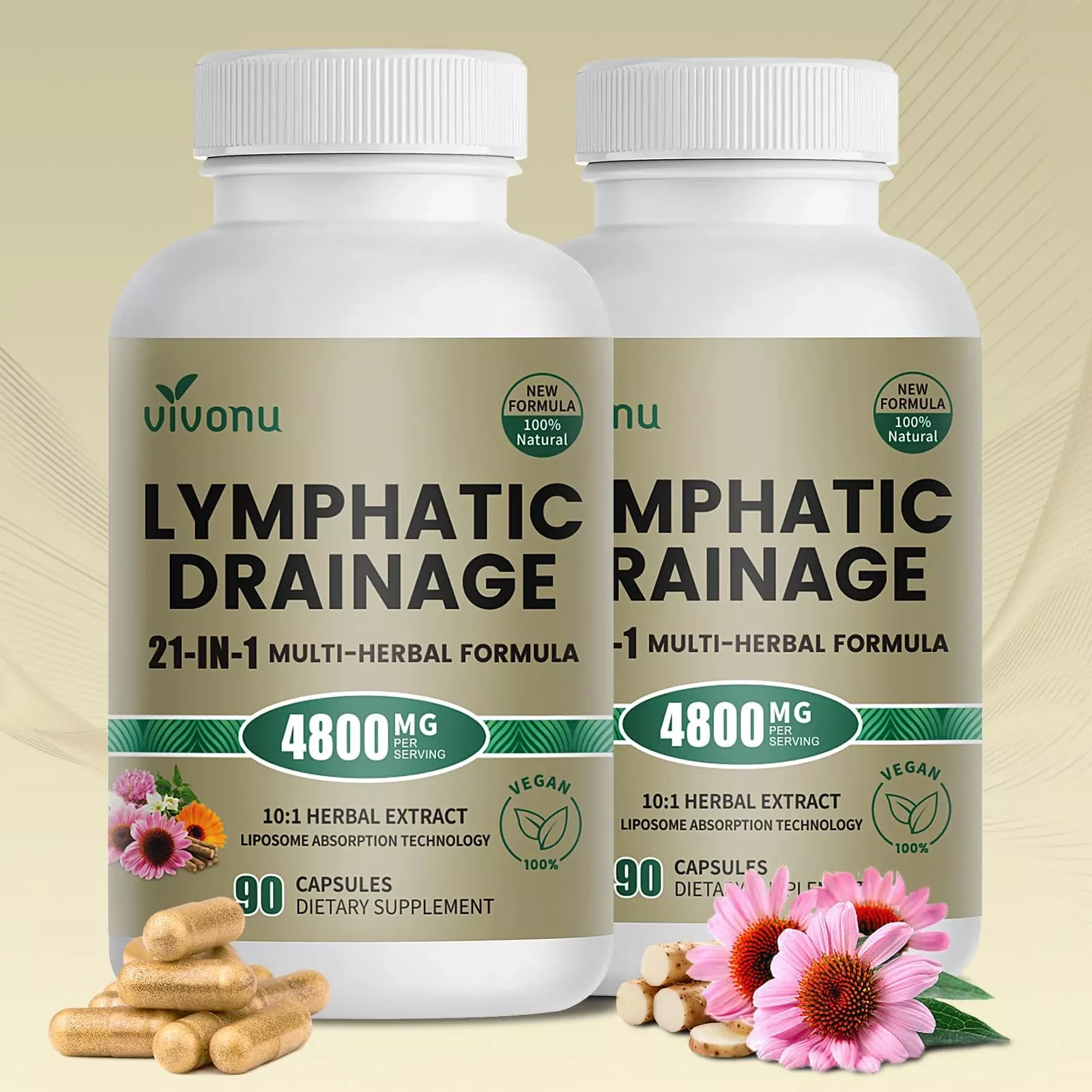 21-in-1 Liposome Lymphatic Drainage Supplements, 90 Day Supply, 4800mg Immune & Lymph System Support, 10:1 Concentrated Technology, Echinacea, Dandelion, Burdock, Bromelain, Calendula, 2 Bottle