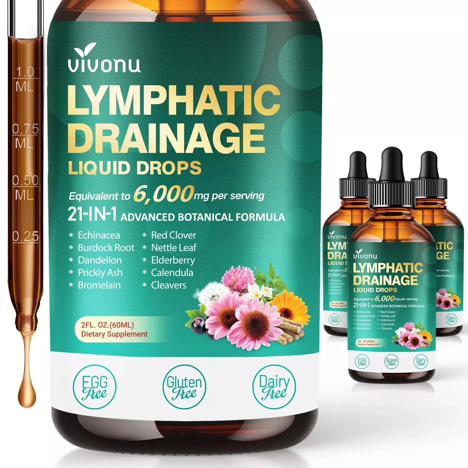 21-in-1 Lymphatic Drainage Drops for Liposomal, Immune & Lymph System Support Supplement for Women & Men with Echinacea, Dandelion, Burdock, Bromelain, Calendula, Turmeric & More, 4 Pack