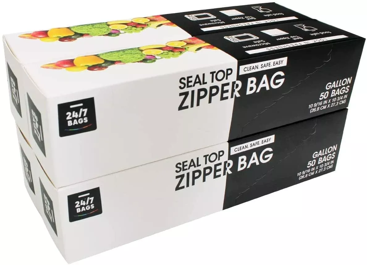 24 /7 Bags- Gallon Zip Storage Bags, 200 Count, Double Zipper Seal, Easy Grip Open Tabs, Write-On Space, BPA-Free & Heavy Duty, Microwave Safe, Non-StandUp