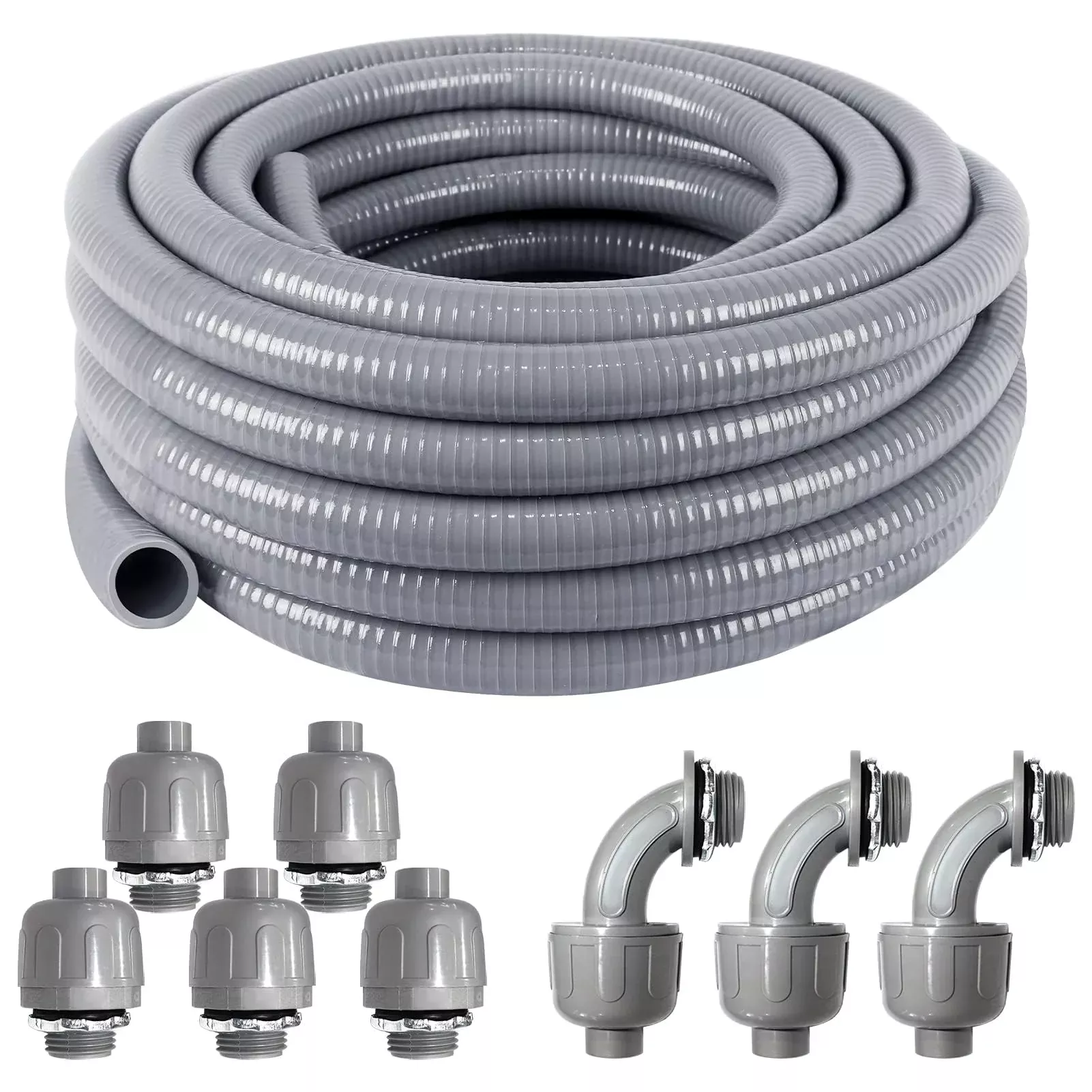 3 /4 Inch 25ft Electrical Conduit Kit UL Certification,Flexible Non Metallic Liquid Tight Electrical Conduit,Flexible Metallic Conduit with 5 Straight and 3 90-Degree Conduit Connector Fittings