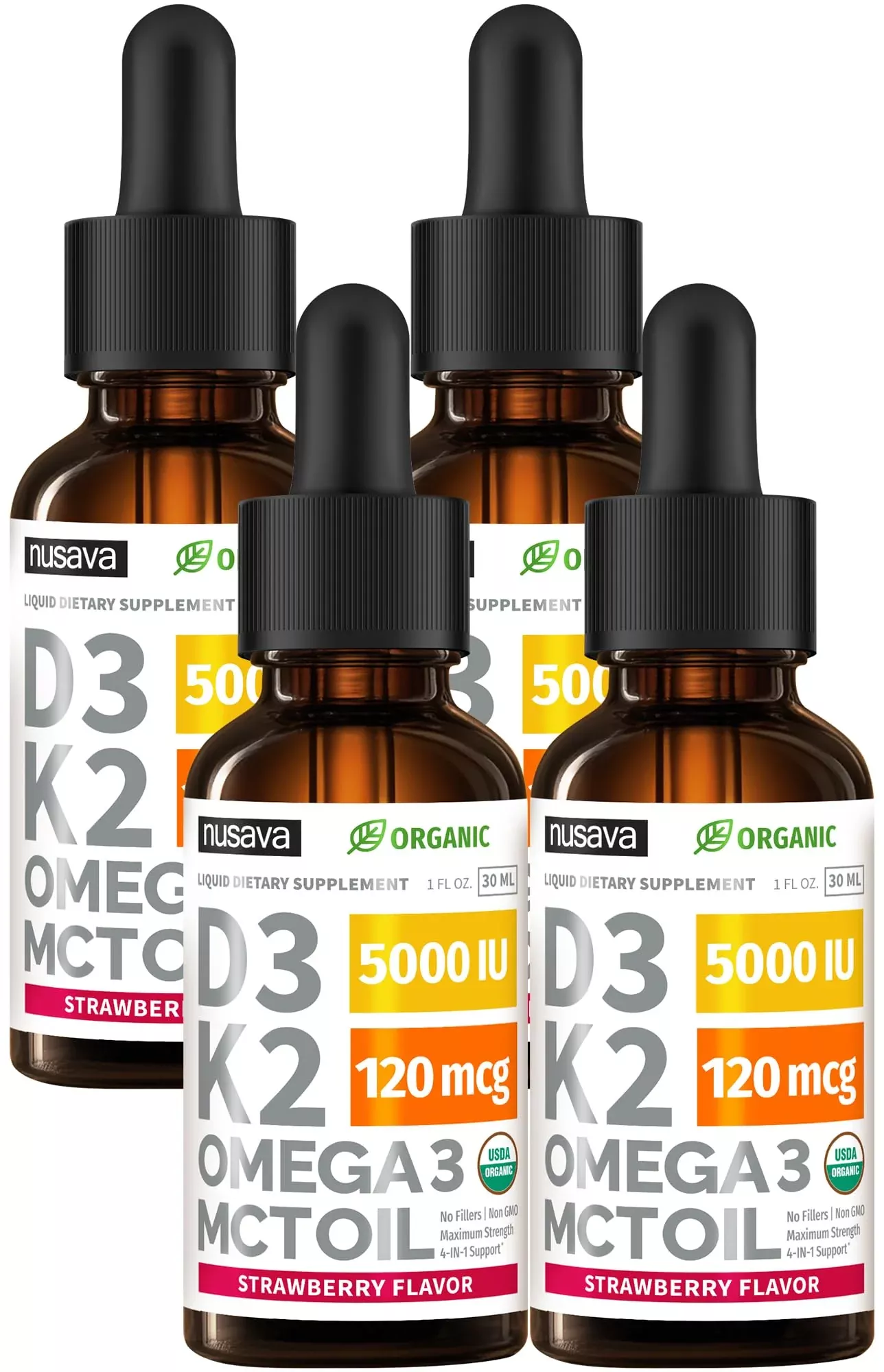 (4 Pack) Organic Vitamin D3 K2 Drops with MCT Oil & Omega 3 - Liquid Vitamin D3 5000 IU - K2 D3 Vitamin Supplement - Vitamin D Drops for Women & Men - No Fillers, Non-GMO, GMP, Unflavored (4 Fl Oz)