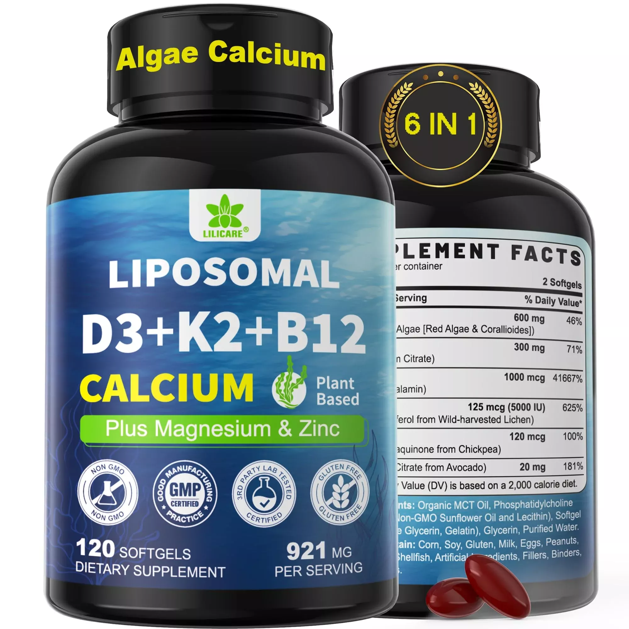6-in-1 Plant Based Calcium Supplements for Women Men- Calcium 600mg w / D3 K2 5000 IU Vitamin, Liposomal & Algae Ca-lcium Magnesium Zinc + Vegan Vitamin D 5000 IU + K2 MK7 + Methyl B12 for Bone, 1 Pack