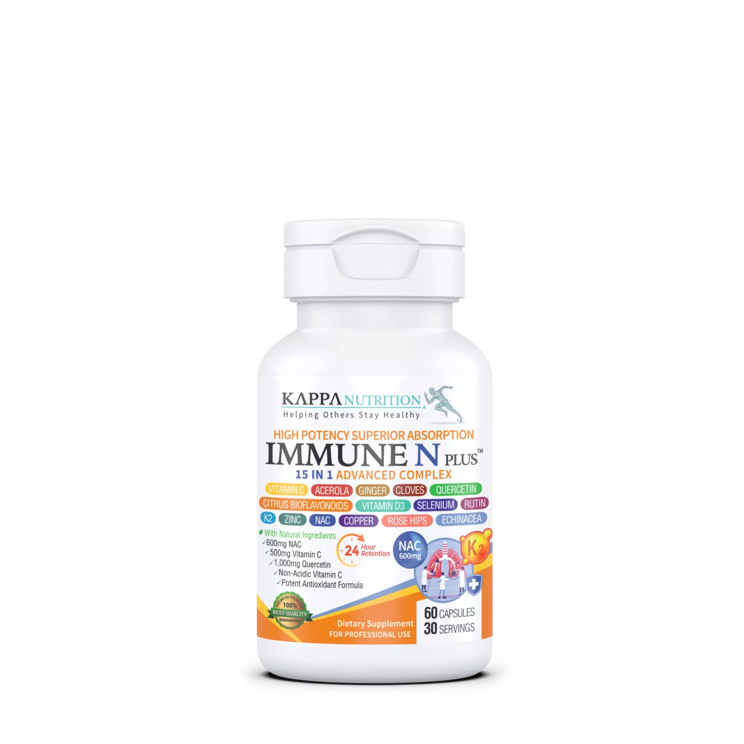 (60 Capsules), NAC 600mg, Quercetin 1,000mg, Vitamin C 500mg, Zinc 50mg, Vitamin D3 5,000iu, Selenium, Copper, Acerola, Ginger, Rutin, Citrus Bioflavonoids, Rose Hips, Echinacea, Immune N Plus 15 in 1