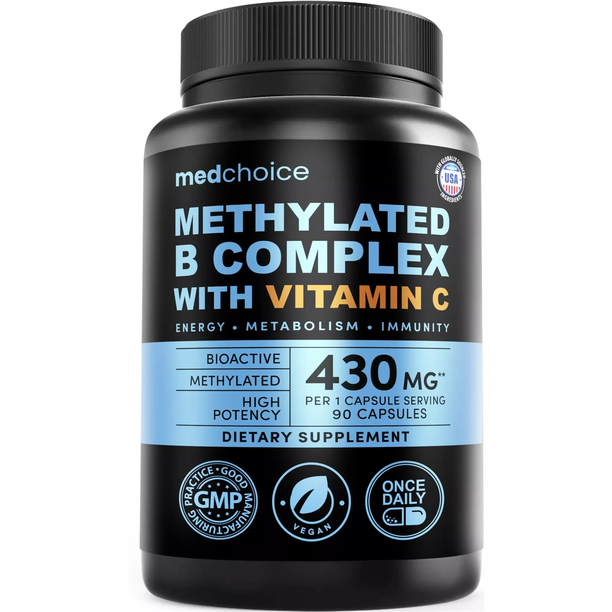 9-in-1 Vitamin B Complex - Methylated Multivitamin with B12 Methylcobalamin, Methylfolate, L-5-MTHF & Vitamin C - Methylated B Complex for Women & Men - Non-GMO, Gluten-Free, & Vegan (90 Servings)