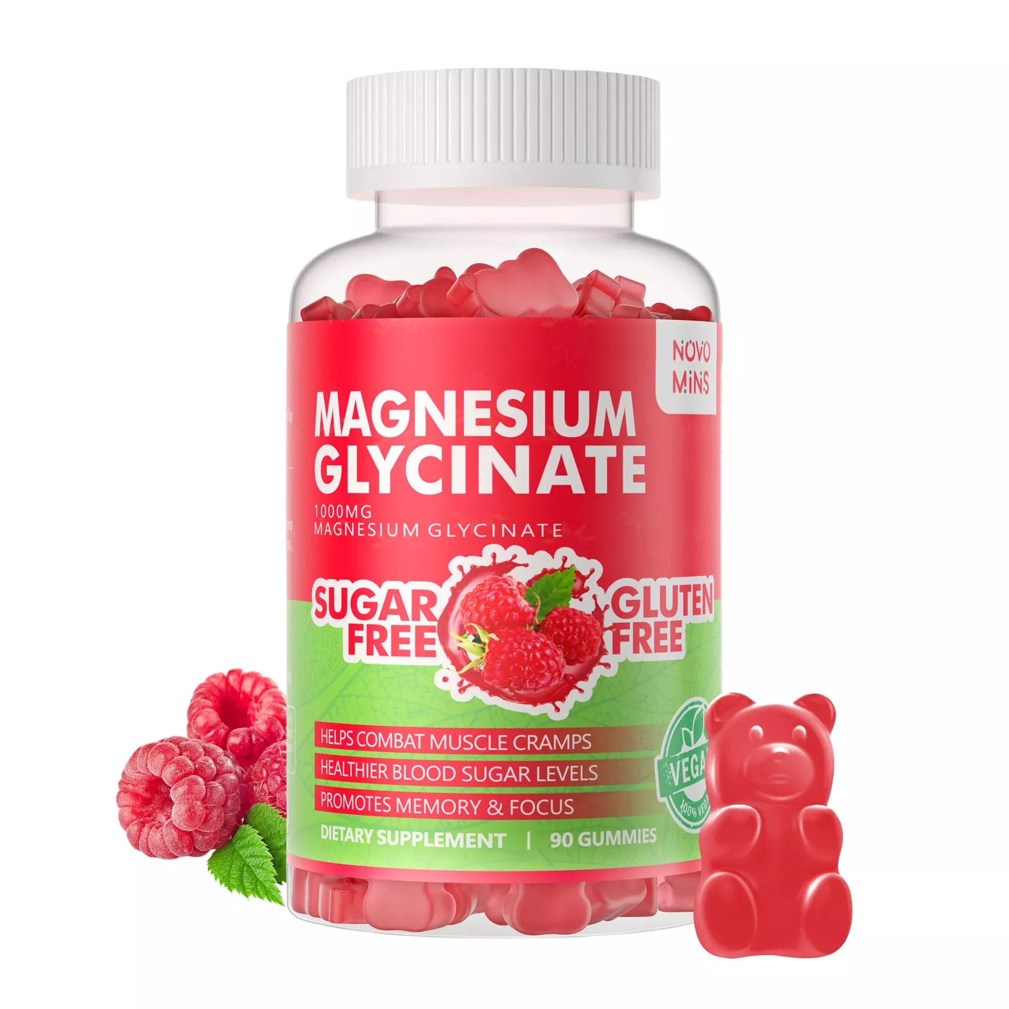 90 CT Magnesium Glycinate Gummies 1000mg - Sugar Free Magnesium Potassium Supplement with Vitamin D, B6, CoQ10 for Calm Mood & Sleep Support - 90 Raspberry Gummies