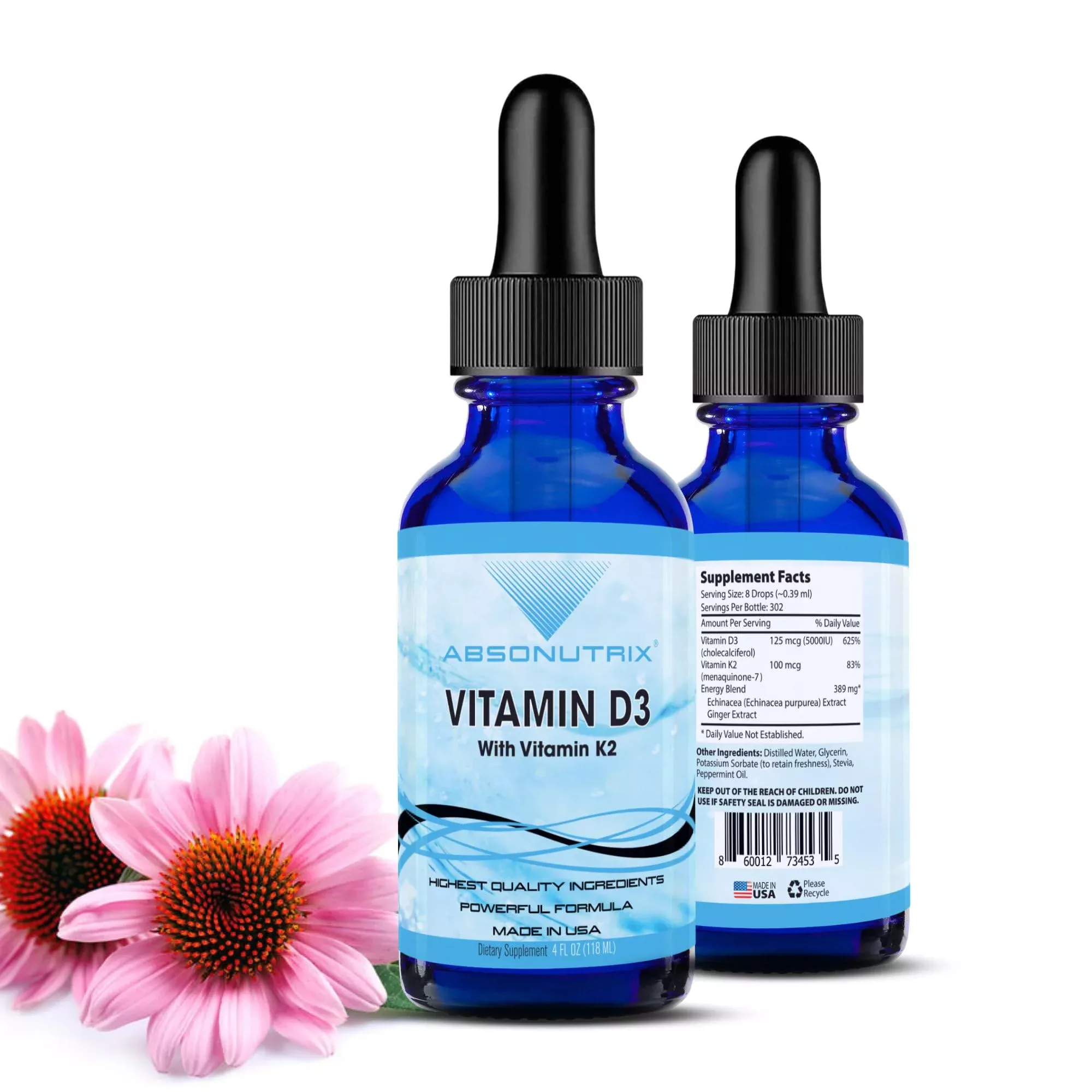 Absonutrix Vitamin D3 K2 Drops, 390mg, 4 Oz Liquid, 302 Servings, Made in USA, Quick Absorption, Quality Potent Ingredients, Non-GMO, GMP Certified, Cruelty-Free Products, Bone Strength Supplements