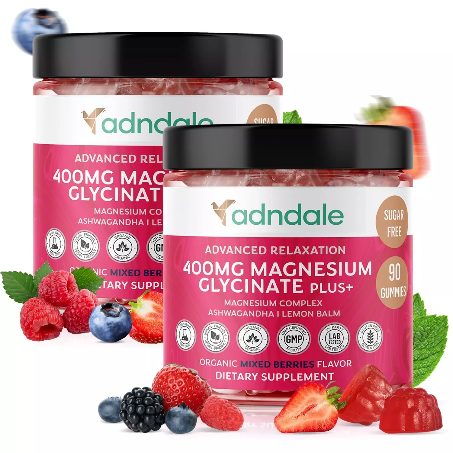 Adndale 180 CT Magnesium Glycinate Gummies 400 mg /Serv with Ashwagandha, Magnesium Malate & Taurate, Sugar Free Chews for Adults & Kids