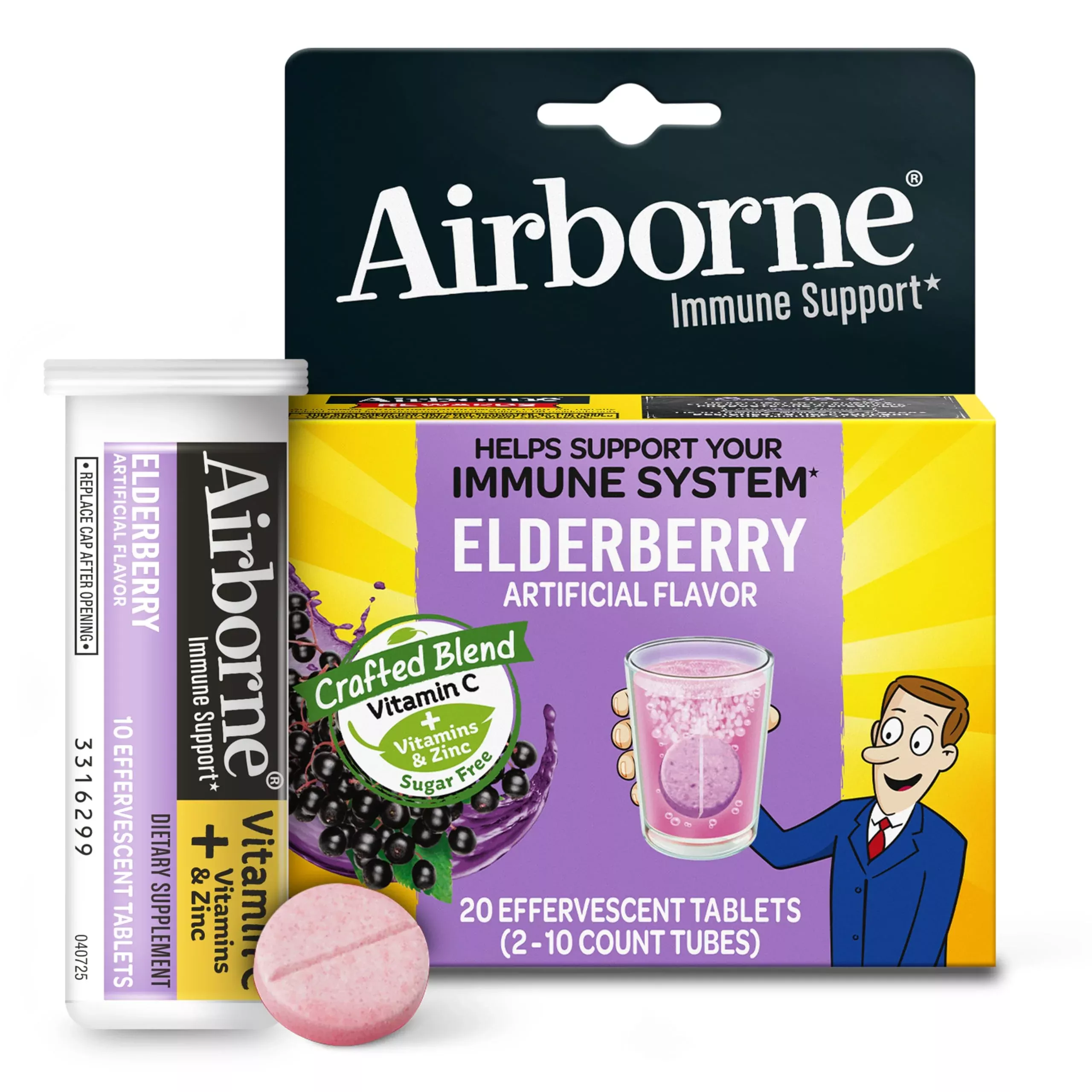 Airborne Elderberry + Zinc & Vitamin C Effervescent Tablets, Immune Support Supplement with Powerful Antioxidant Vitamins A C E, 20 Fizzy Drink Tablets, Elderberry Flavor