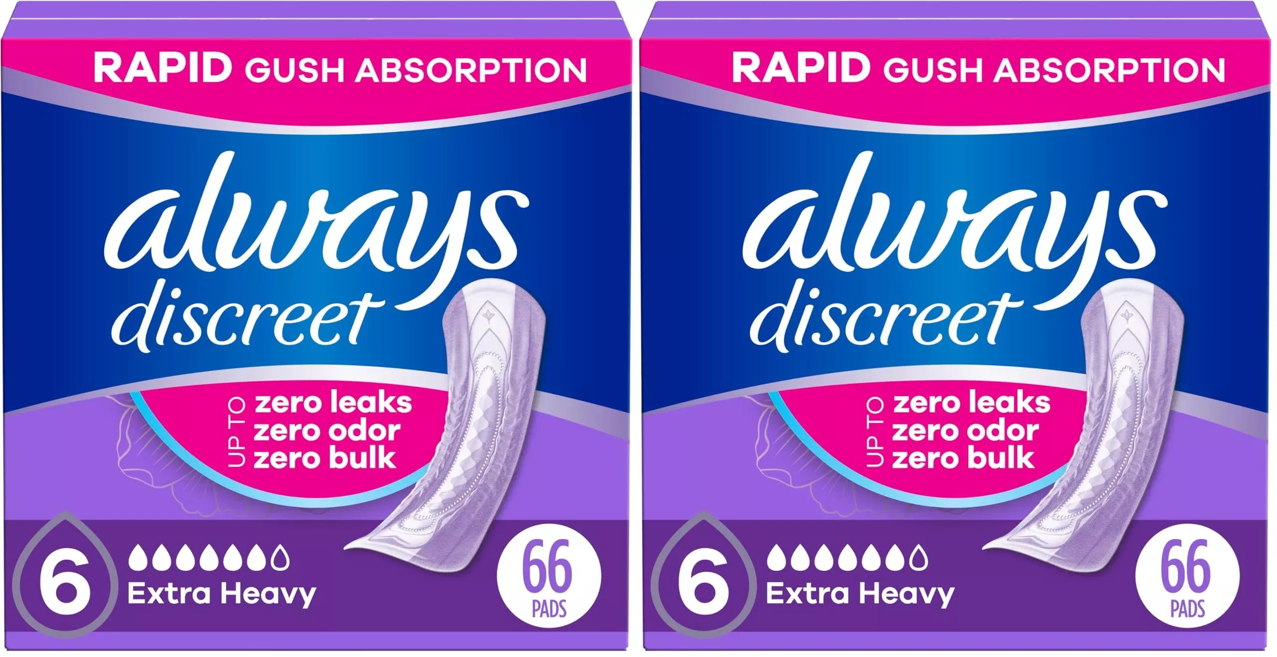 Always Discreet Adult Incontinence Pads for Women, Extra Heavy Absorbency, Regular Length, Postpartum Pads, 66 Count (Pack of 2)