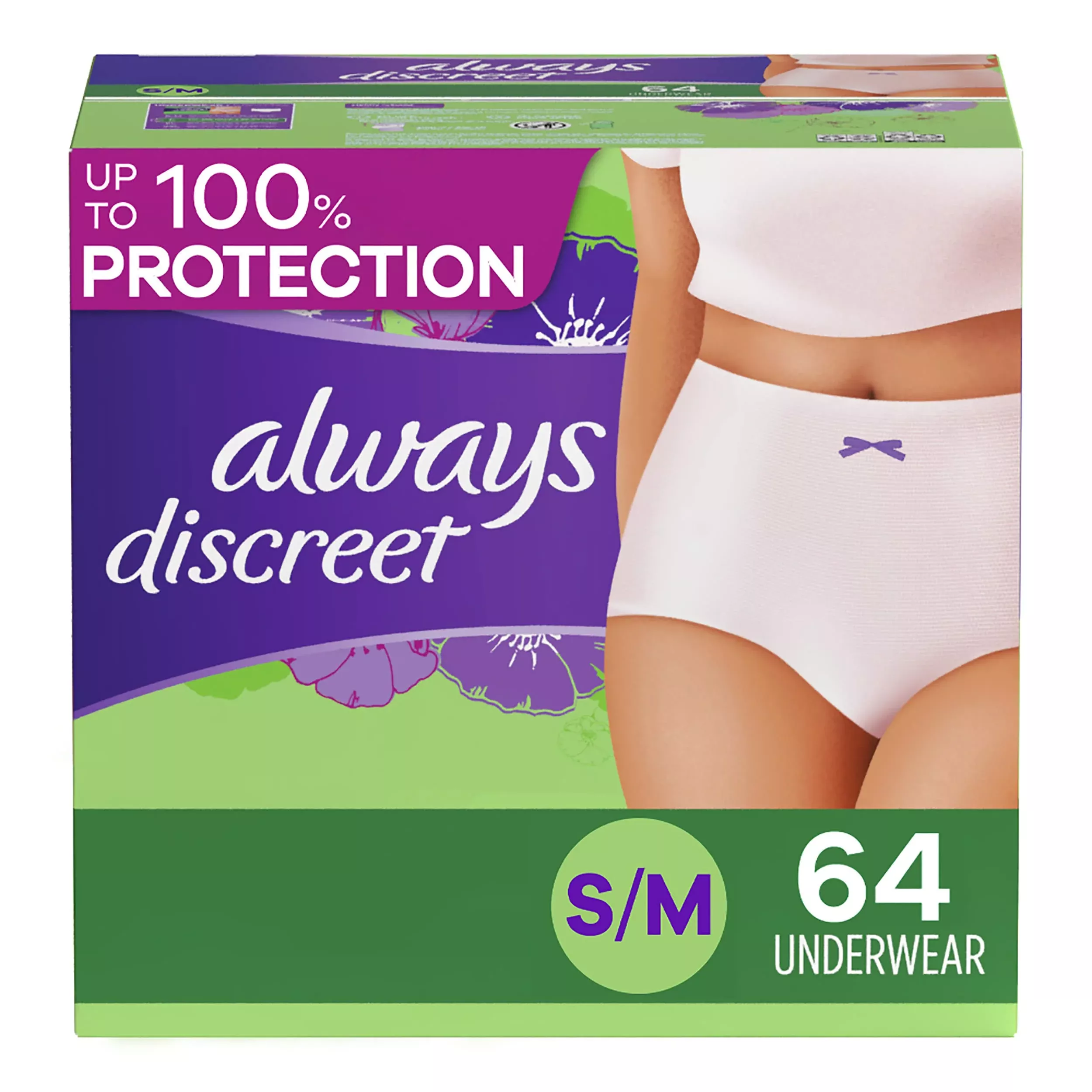 Always Discreet Adult Incontinence & Postpartum Underwear For Women, Size Small /Medium, Maximum Absorbency, Disposable, 32 Count x 2 Packs (64 Count total) (Packaging May Vary)