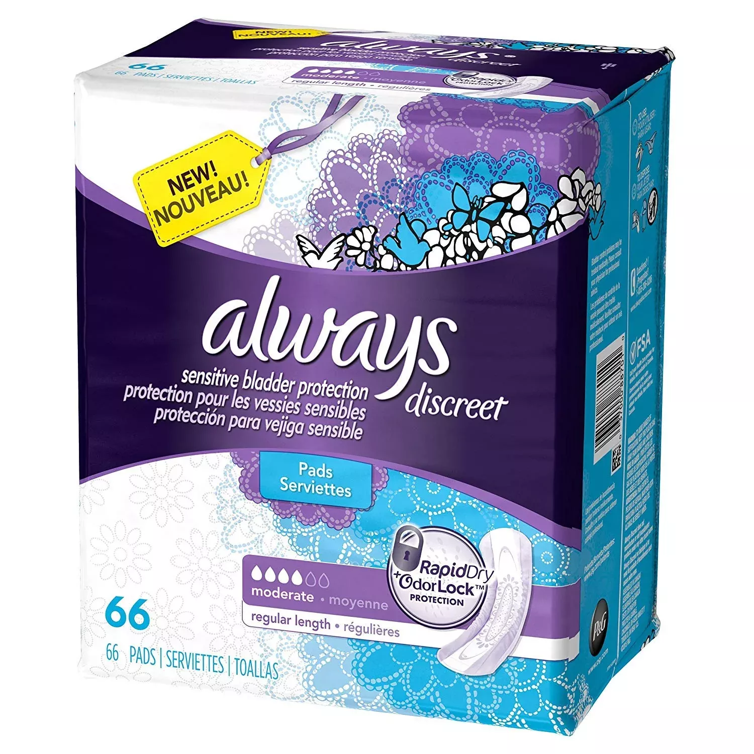Always Discreet Incontinence Pads, Moderate, Regular Length, 66 Count - 2 Pack (Includes 132 Pads Total.)