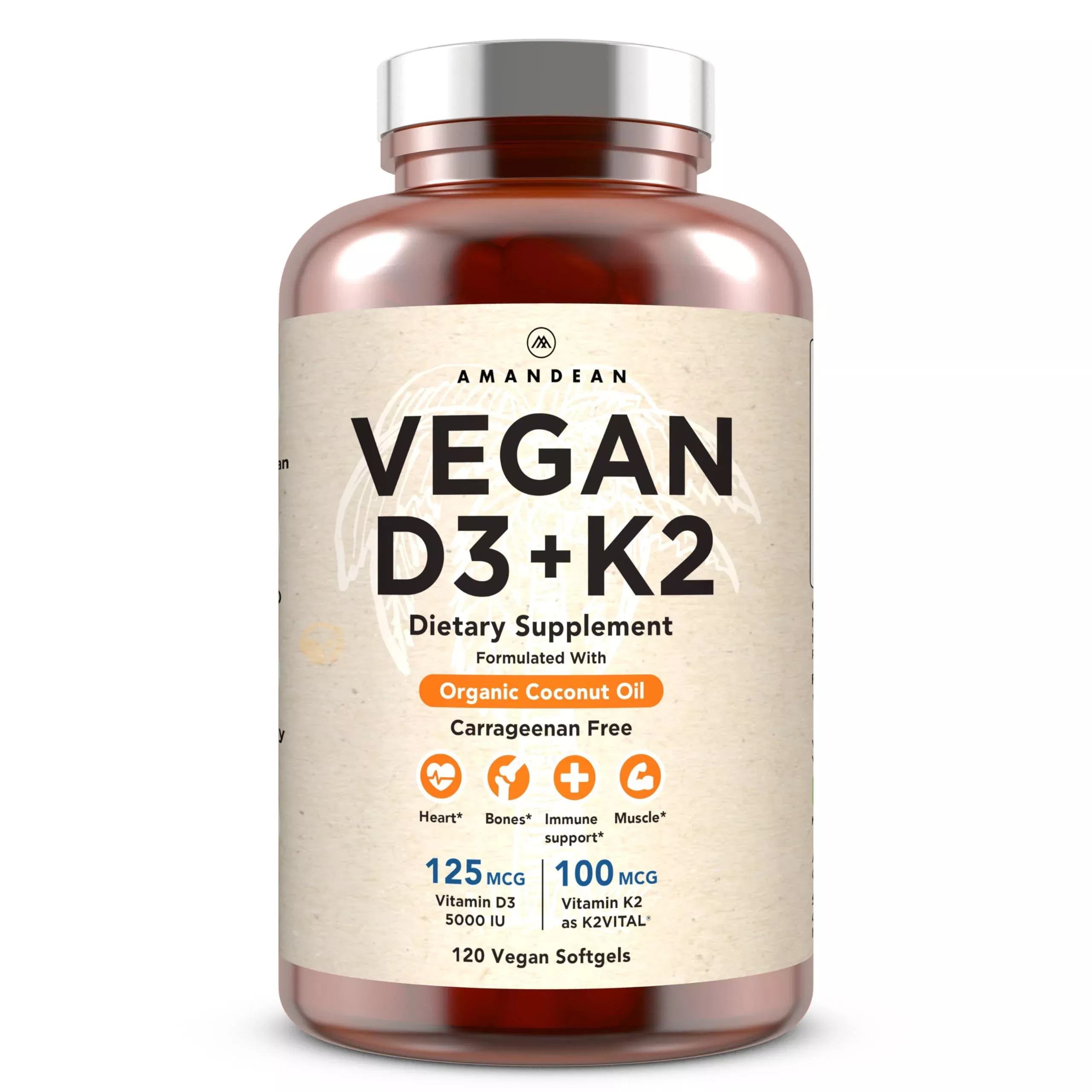 AMANDEAN Vitamin D3 K2. Vegan & Plant-Based 5000iu VIT D from Algae. All-Trans MK-7 K2Vital. 120 Softgels. Carrageenan Free. Organic Coconut Oil Blend. for Mood, Bones, Heart, Immune Health.