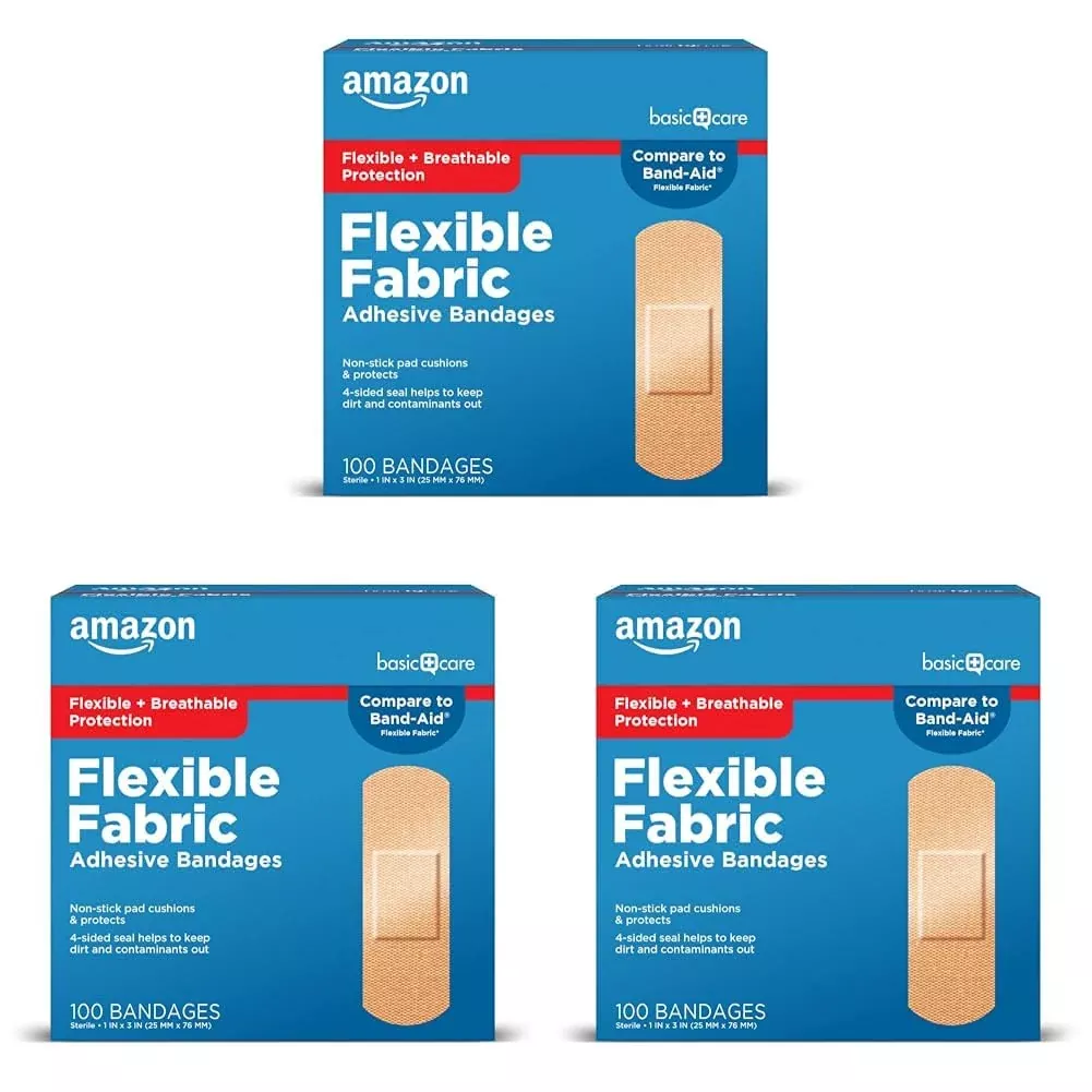 Amazon Basic Care Adhesive Bandages, Flexible Fabric, 100 Count | Pack of 3 | All-One Size | First Aid
