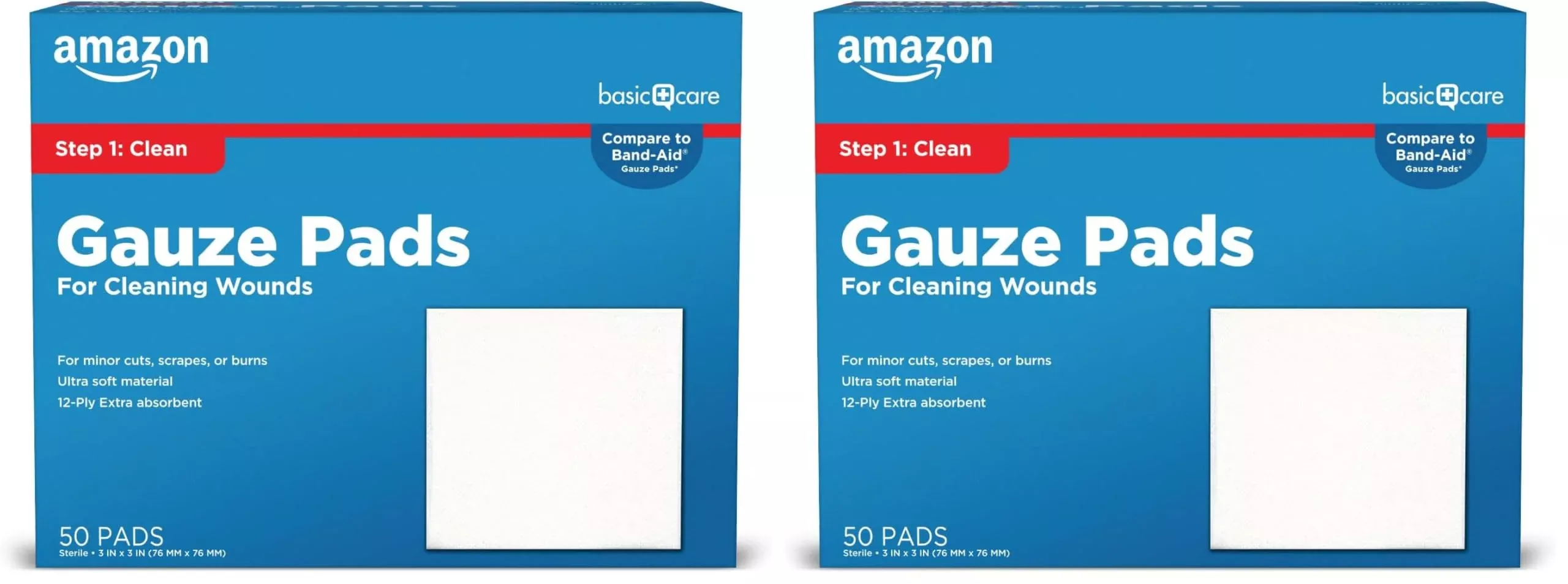 Amazon Basic Care Gauze Pads, 3x3 inches Sterile Medical Wound Dressing Sponges, 12-Ply, Ultra Soft, Extra Absorbent, 50 Count, (Previously All Health) (Pack of 2)