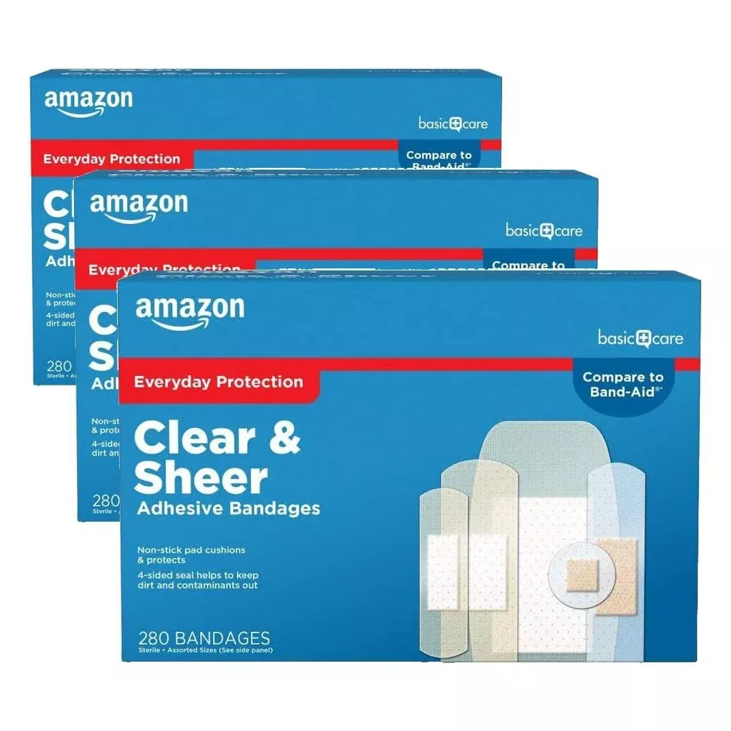 Amazon Basic Care Sheer and Clear Adhesive Bandages Family Variety Pack for Minor Cuts, Scrapes, First Aid and Wound Care Supplies, Assorted Sizes, 280 Count (Pack of 3)