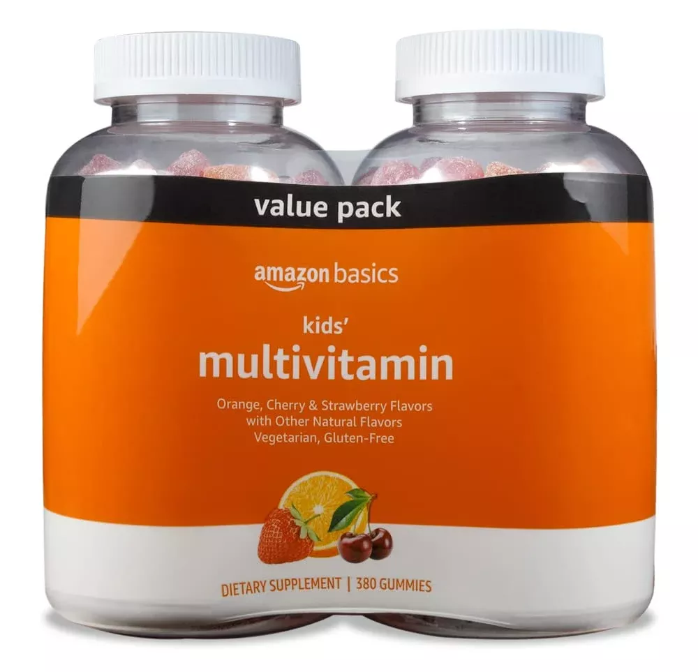Amazon Basics Kids' Multivitamin Gummies, Cherry, Strawberry & Orange Flavors, 380 Count, 2 Packs of 190 (Previously Solimo)