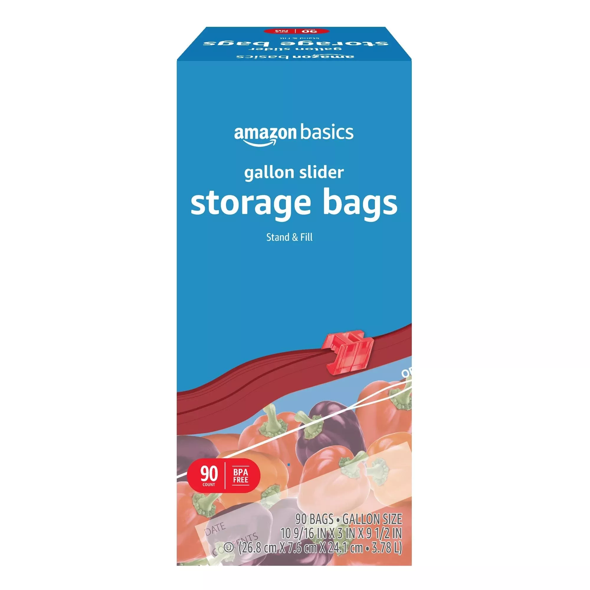 Amazon Basics Slider Gallon Food Storage Bags, BPA Free, Stand-Up Bottom, Easy to Fill, 90 Count