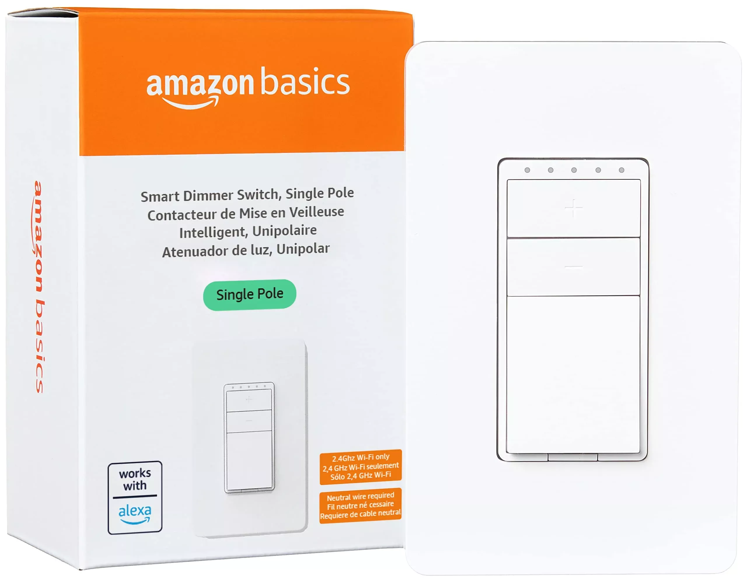 Amazon Basics Smart Dimmer Switch, Single Pole, Works with Alexa Only, Voice Control, 2.4 GHz Wi-Fi, No Hub Required, Neutral Wire Required, White